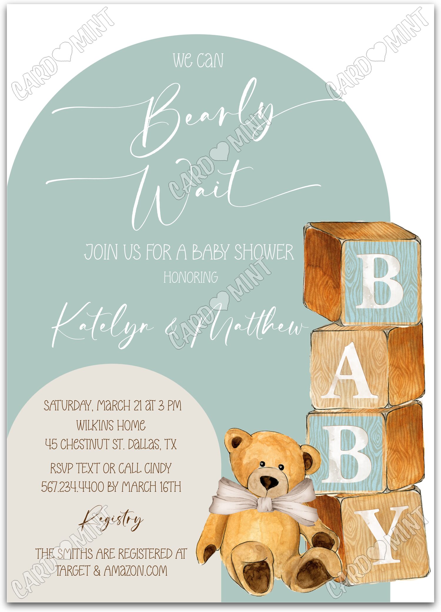 Editable Baby Bear & Blocks green blocks neutral Baby Shower 5"x7" Invitation EV1780