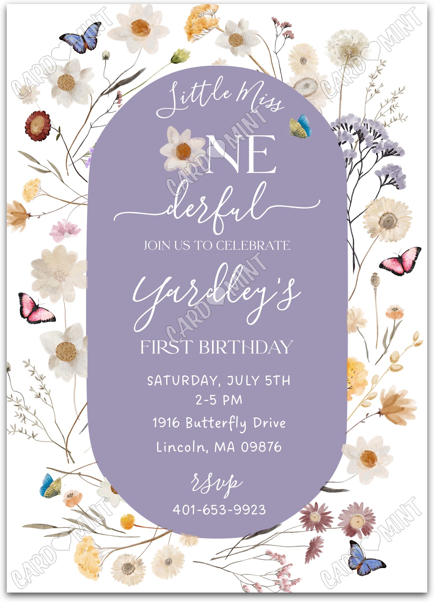 Editable Little Miss ONEderful purple wildflowers girl First Birthday Party 5"x7" Invitation EV1781