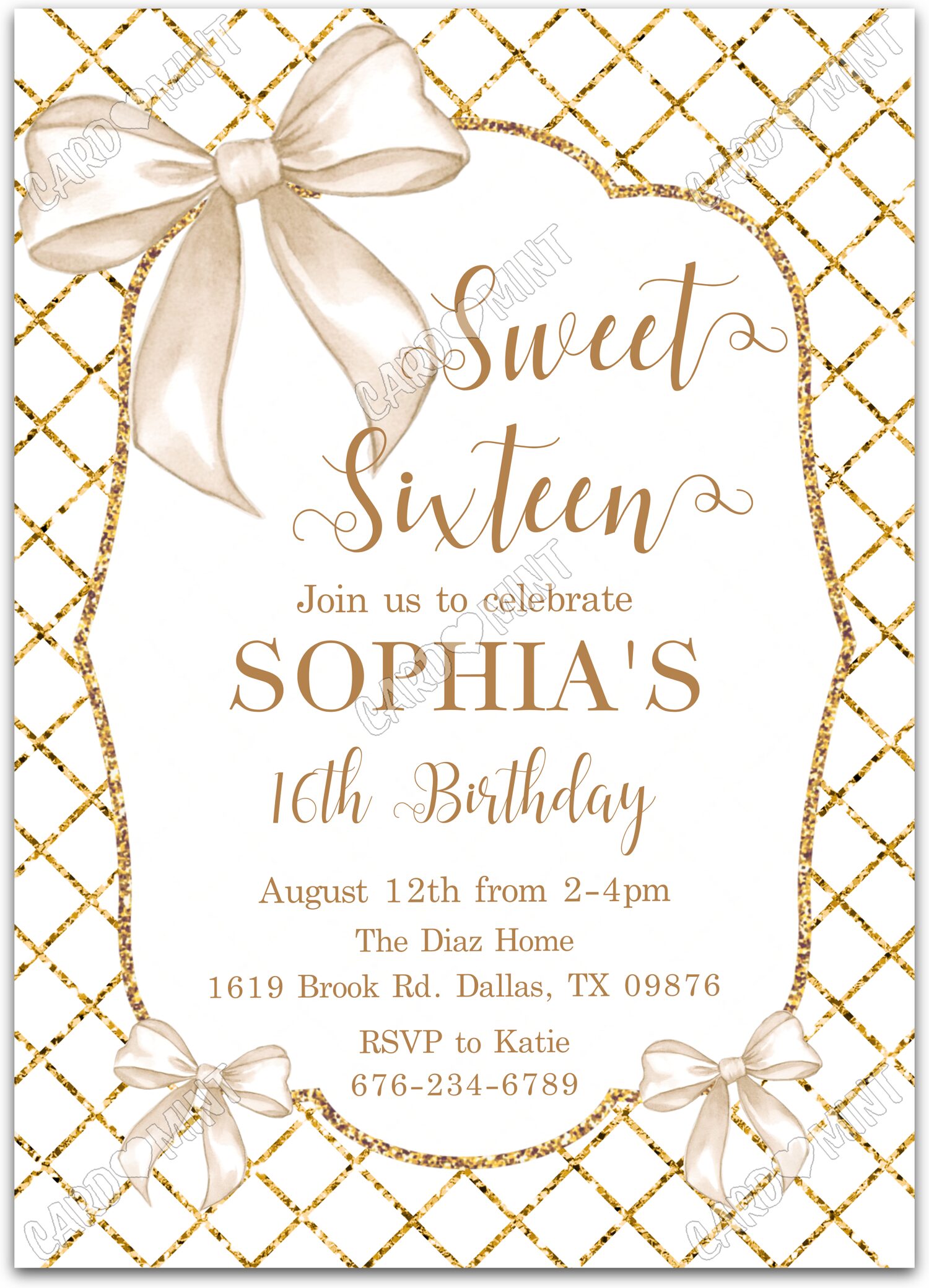 Editable Sweet Sixteen gold bows & geometric pattern girl Birthday Party 5"x7" Invitation EV1782