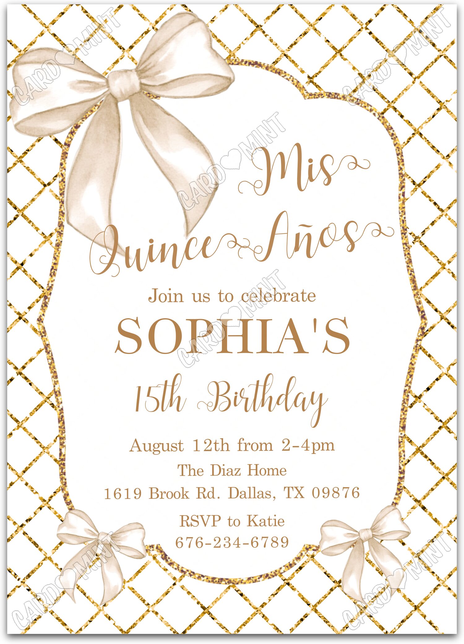 Editable Mis Quince Años gold bows & geometric pattern girl Quince 5"x7" Invitation EV1783