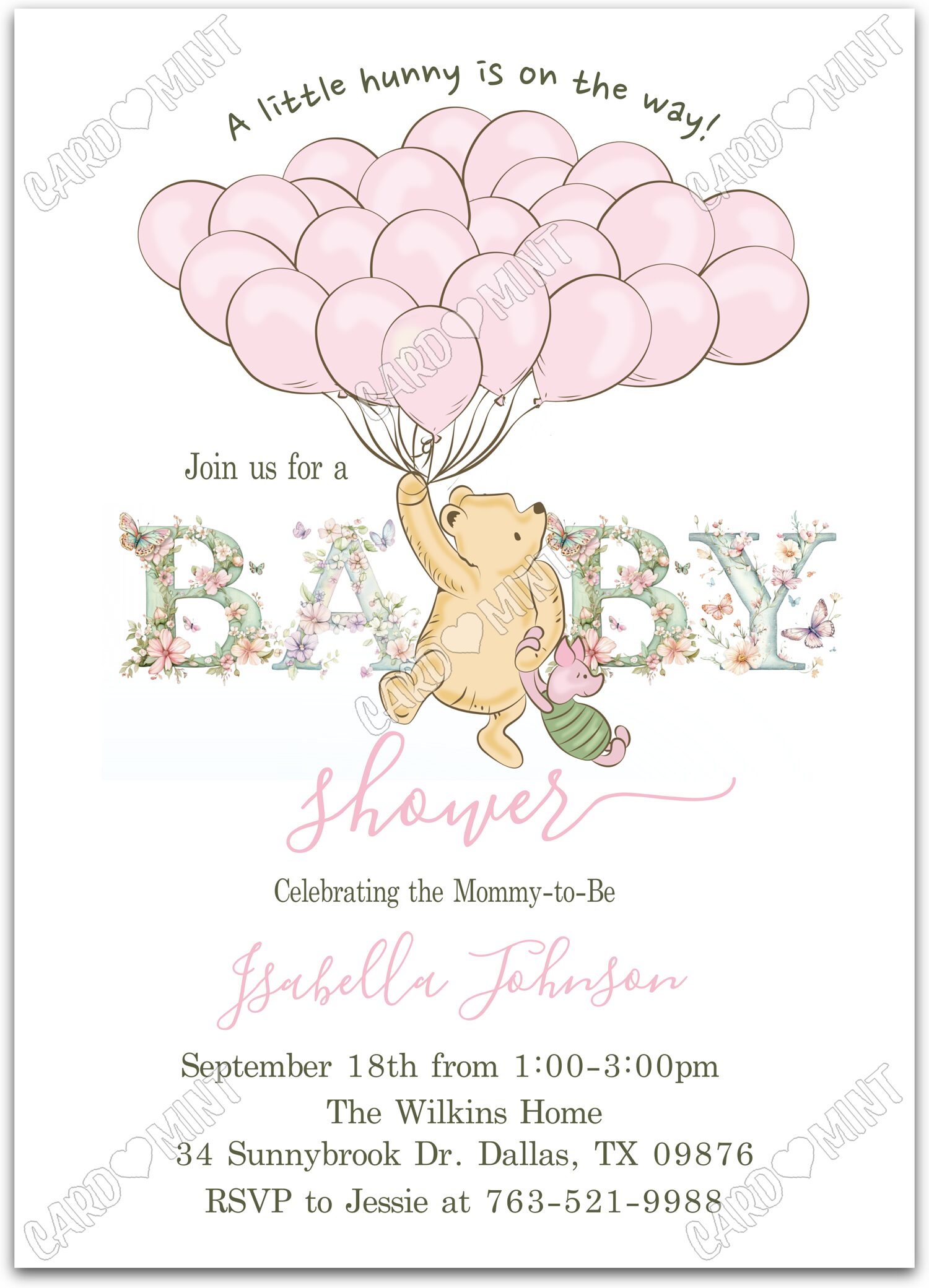 Editable A Little Hunny white classic Pooh & pink balloons girl Baby Shower 5"x7" Invitation EV1784