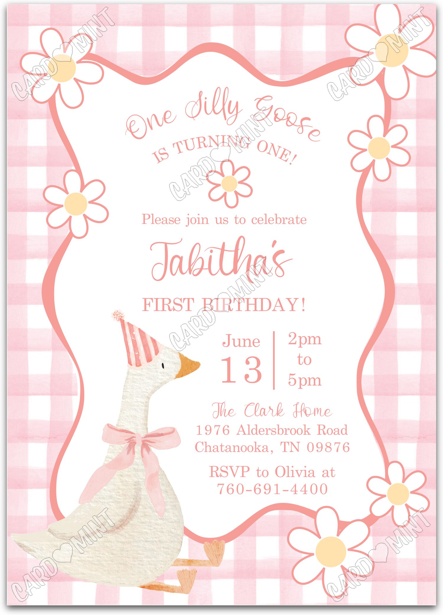 Editable One Silly Goose pink goose & daisies & gingham pattern girl First Birthday Party 5"x7" Invitation EV1785