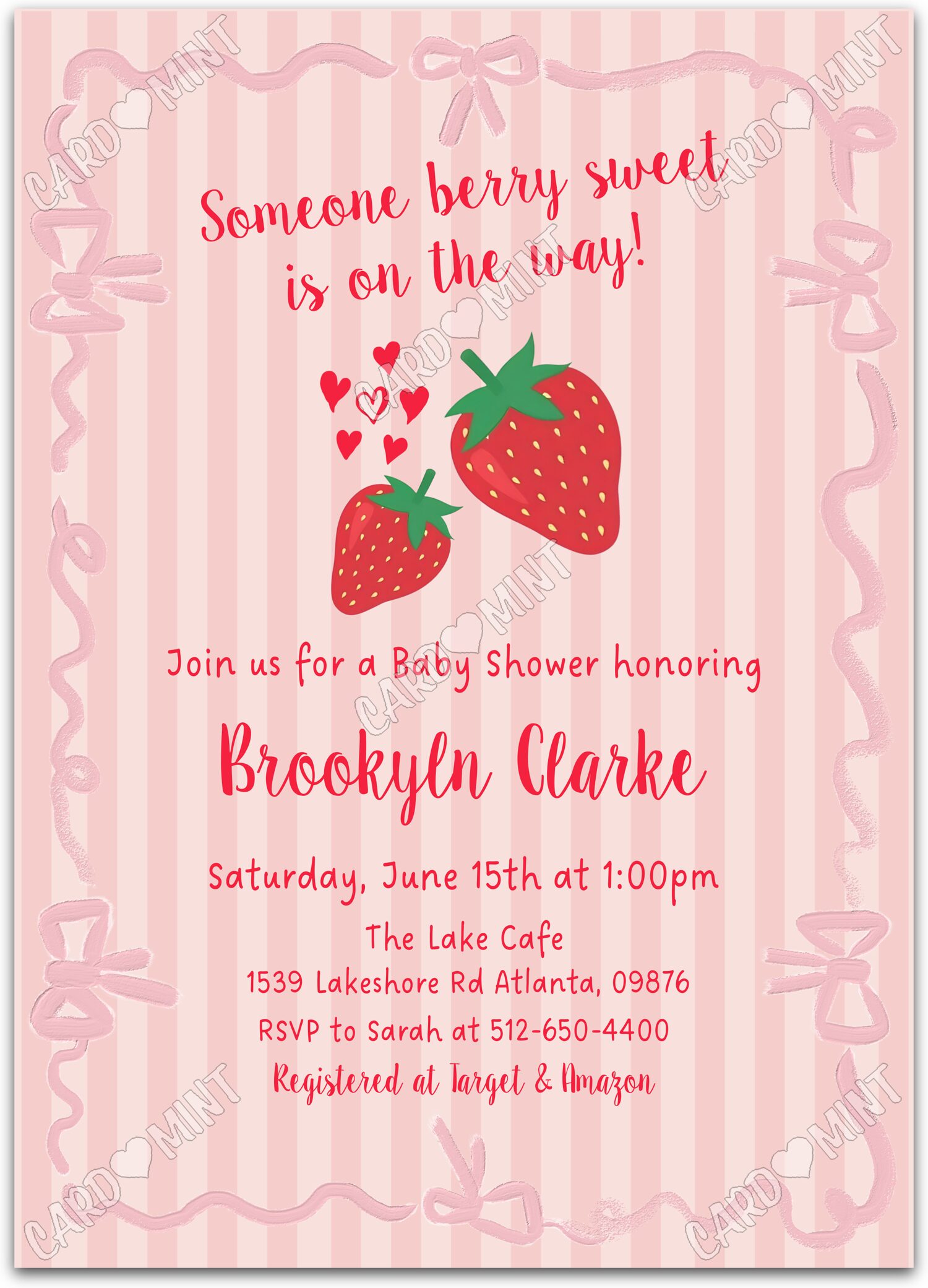 Editable Someone Berry Sweet pink strawberries & hearts girl Baby Shower 5"x7" Invitation EV1786