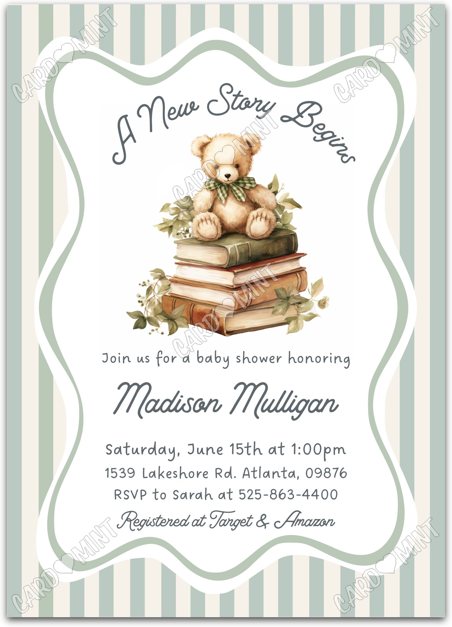 Editable A New Story Begins green teddy bear girl Baby Shower 5"x7" Invitation EV1787