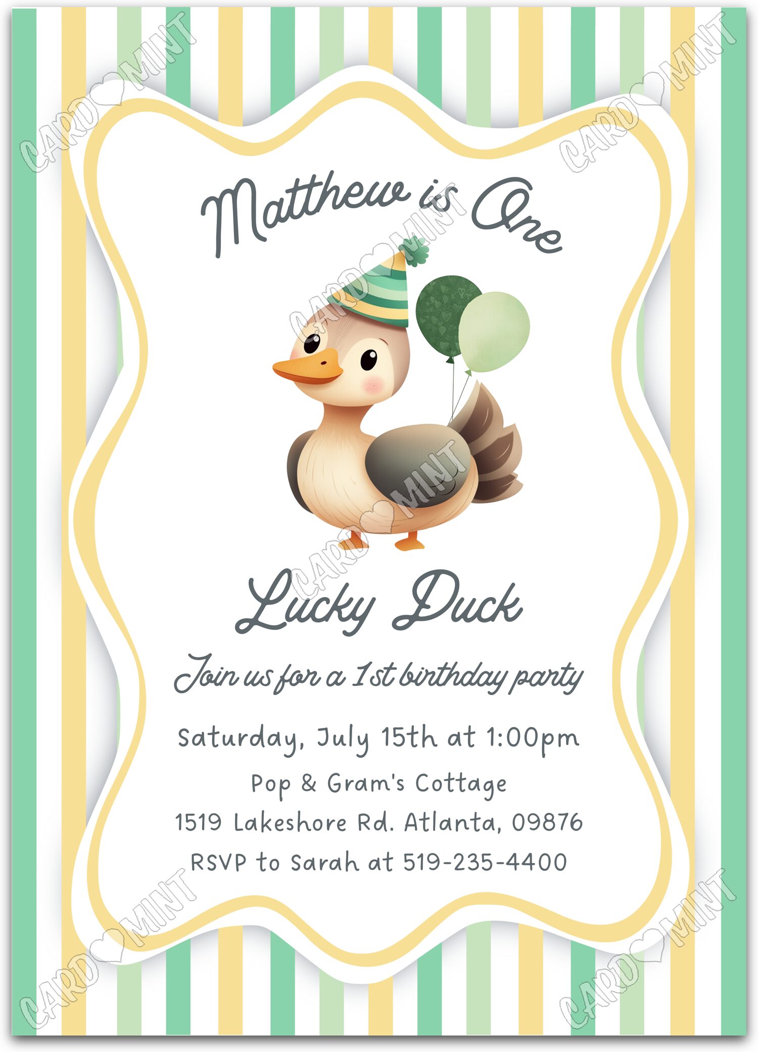 Editable One Lucky Duck white duck & balloons & striped pattern boy First Birthday Party 5"x7" Invitation EV1789