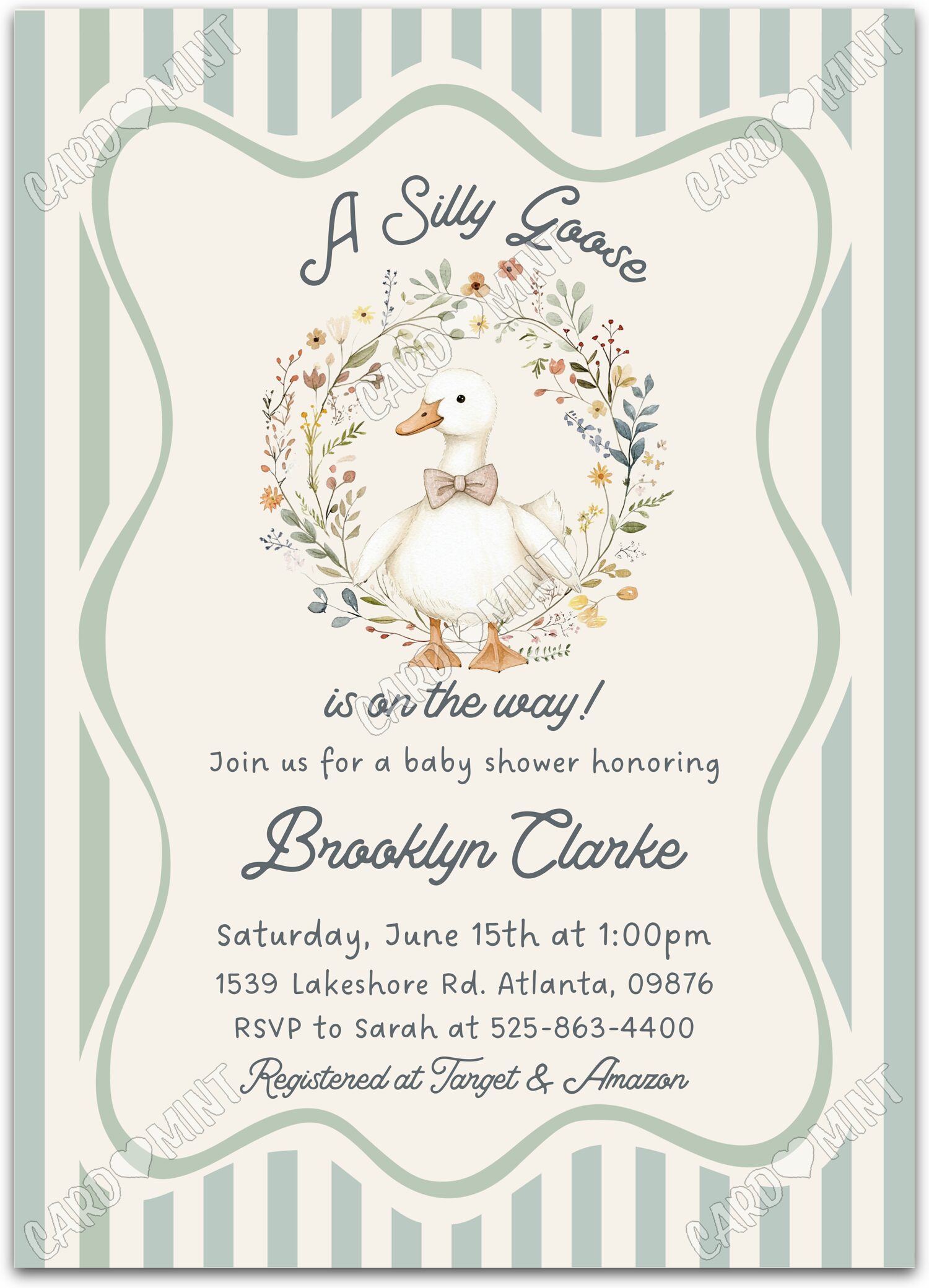 Editable Silly Goose green wildflowers girl Baby Shower 5"x7" Invitation EV1791