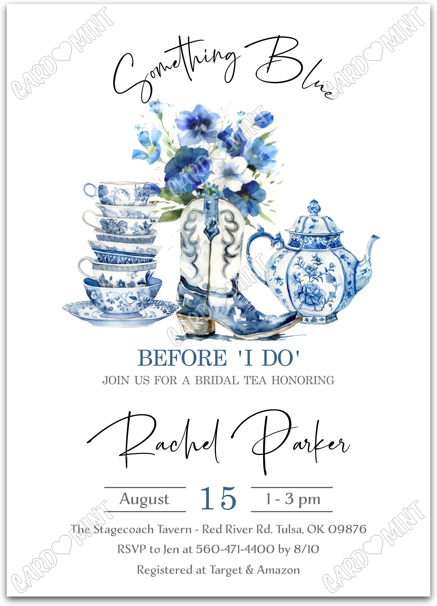 Editable Something Blue white blue boots & china Bridal Tea 5"x7" Invitation EV1792