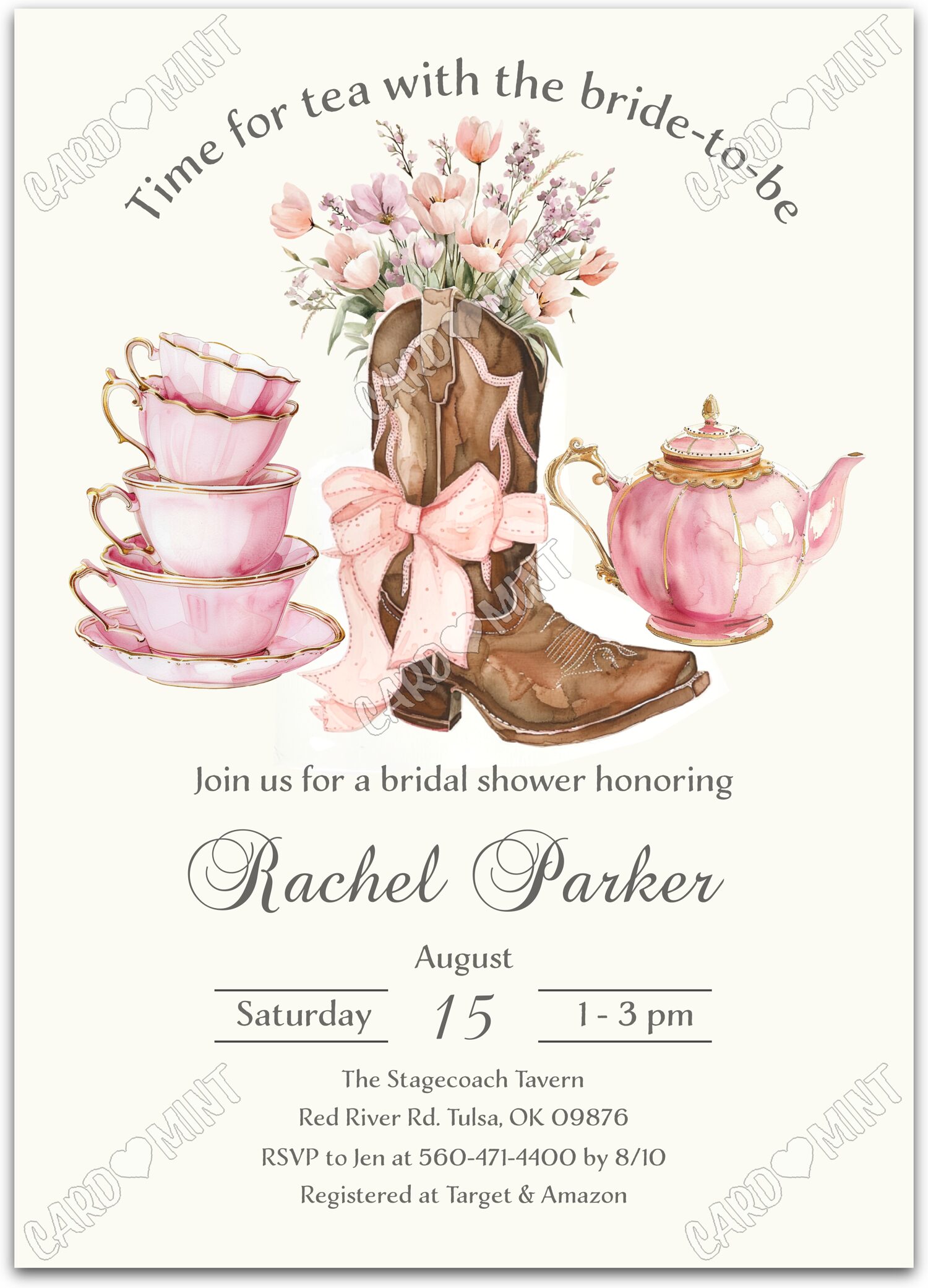 Editable Time for Tea ivory pink bow & china Bridal Tea 5"x7" Invitation EV1793