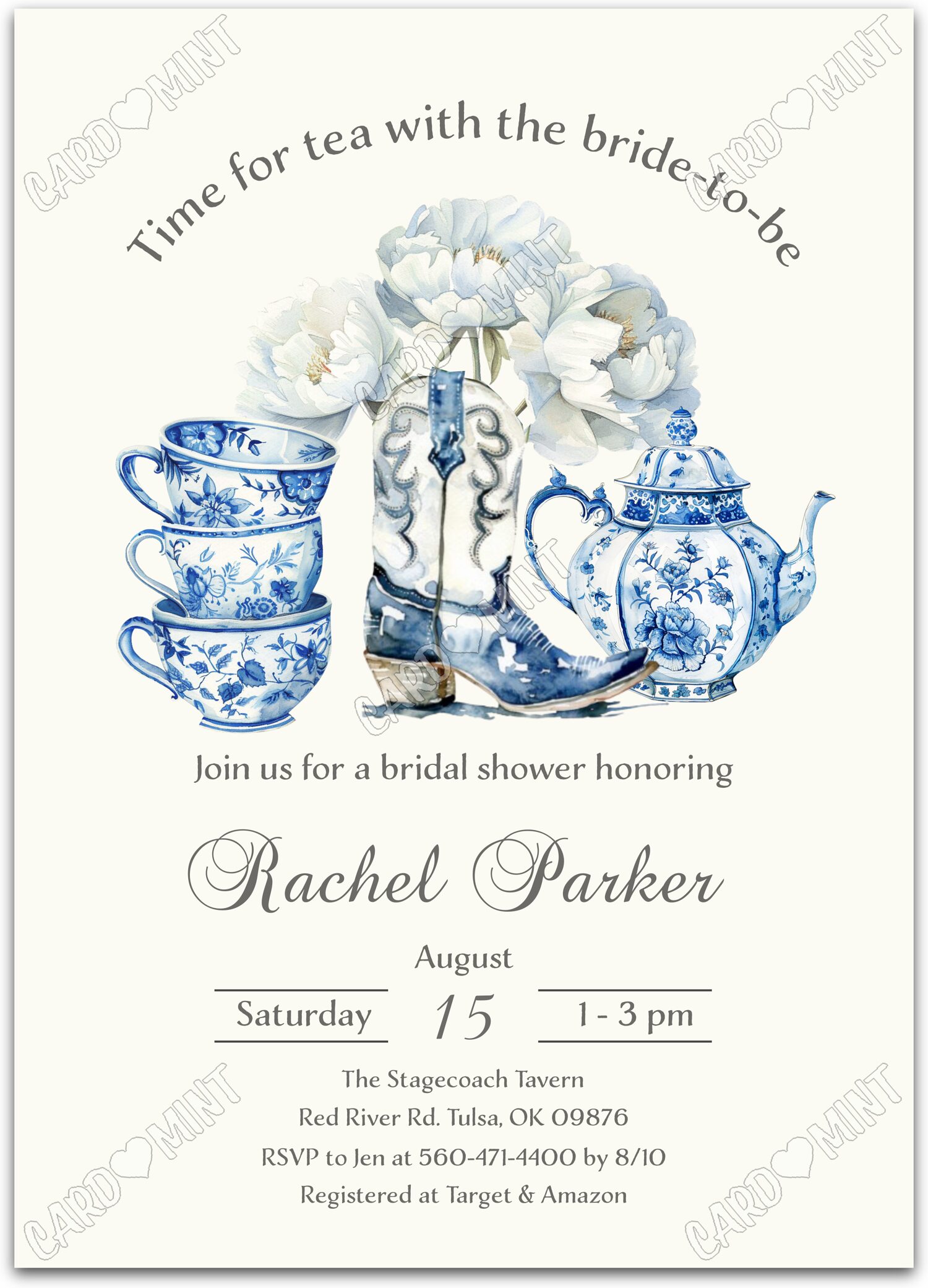 Editable Time for Tea ivory blue bow & china Bridal Tea 5"x7" Invitation EV1794