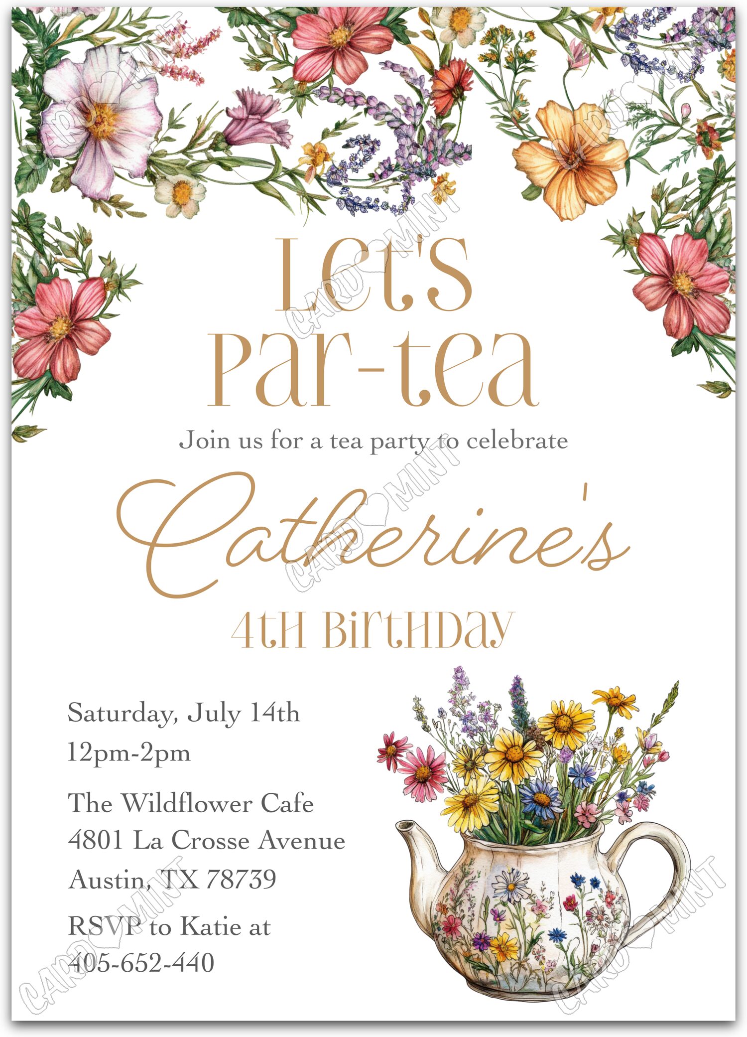 Editable Let's Par-tea white wildflower teapot & floral pattern girl Birthday Tea 5"x7" Invitation EV1795