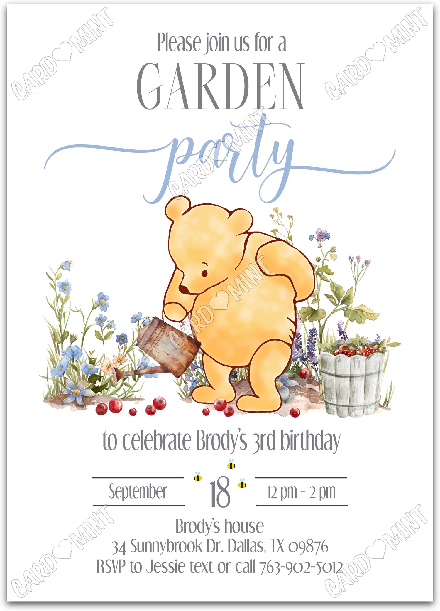 Editable Garden Party white classic Pooh boy Birthday Party 5"x7" Invitation EV1796
