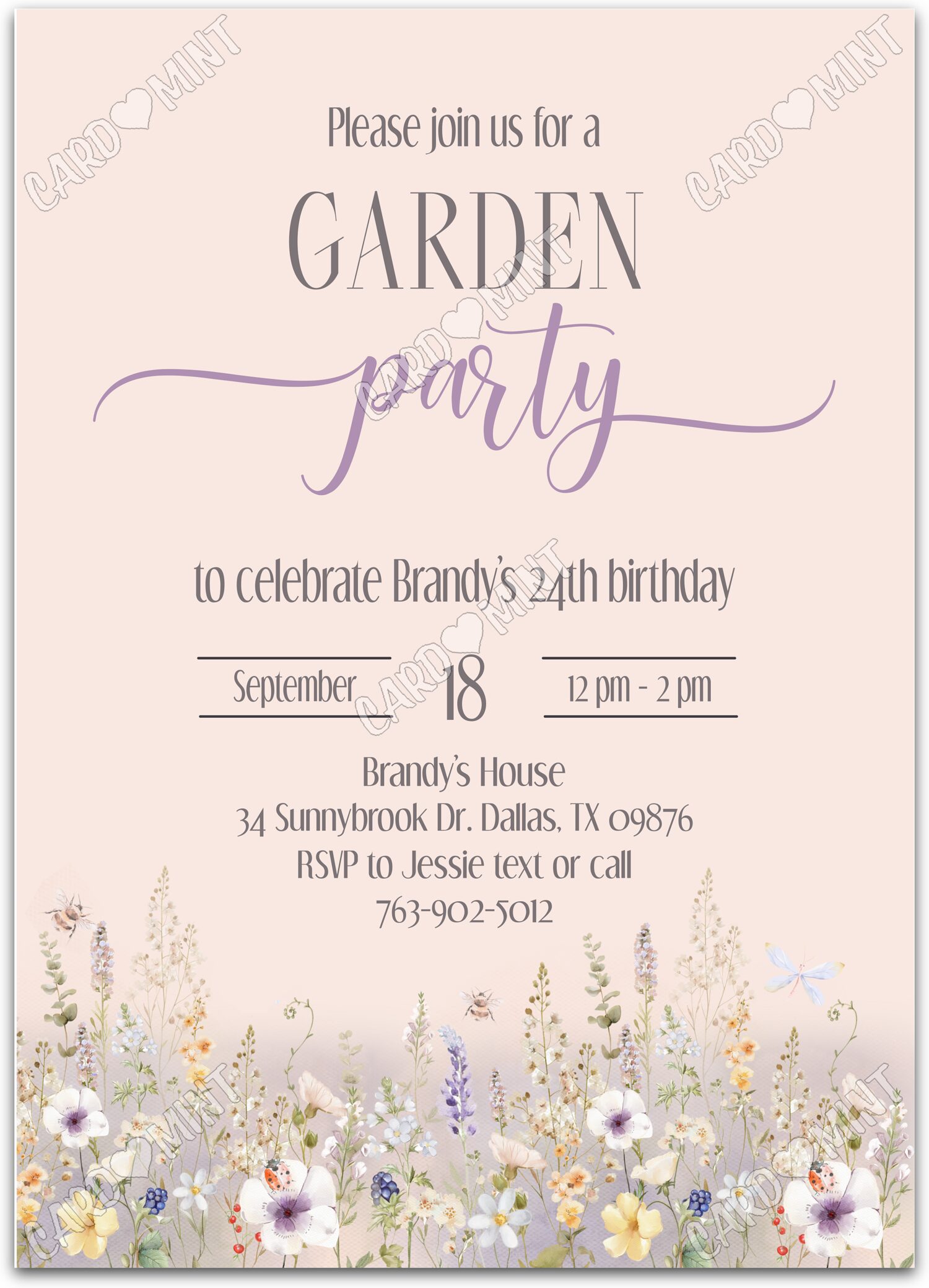 Editable Garden Party blush wildflowers woman Adult Birthday Party 5"x7" Invitation EV1797