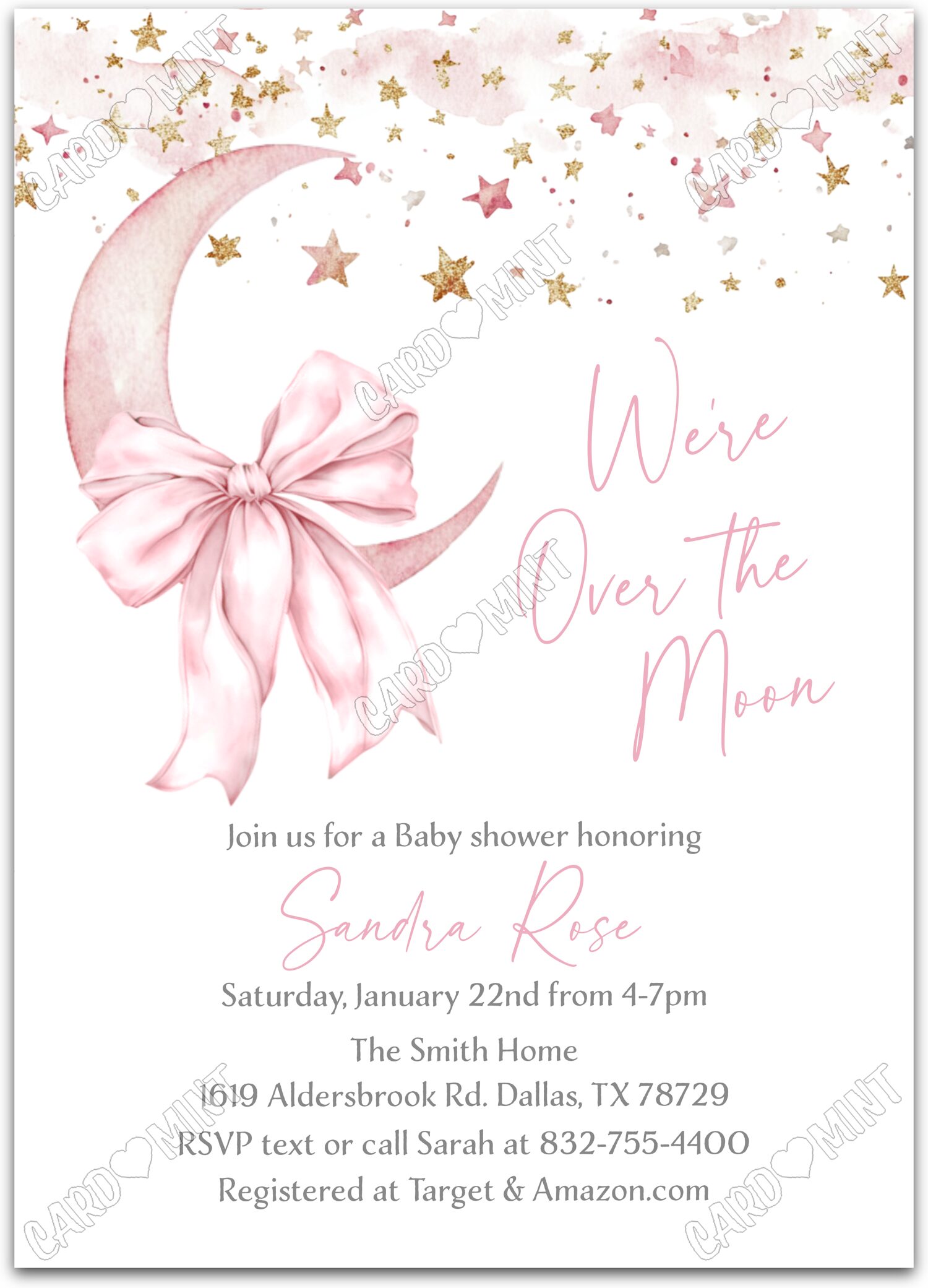 Editable Over the Moon white pink bow & stars girl Baby Shower 5"x7" Invitation EV1799