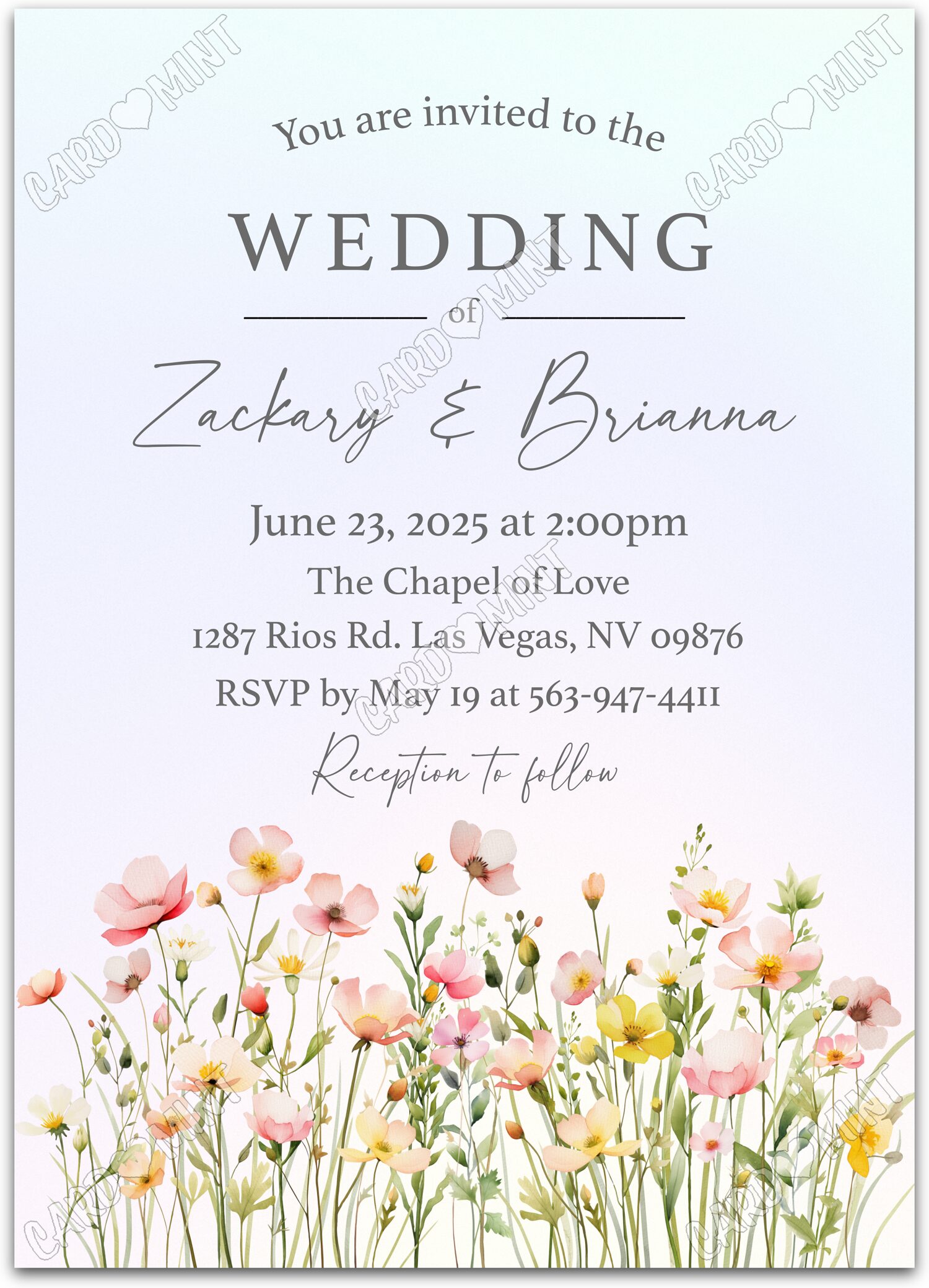 Editable Pastel Wildflowers blue colorful wildflowers Wedding Ceremony 5"x7" Invitation EV1800