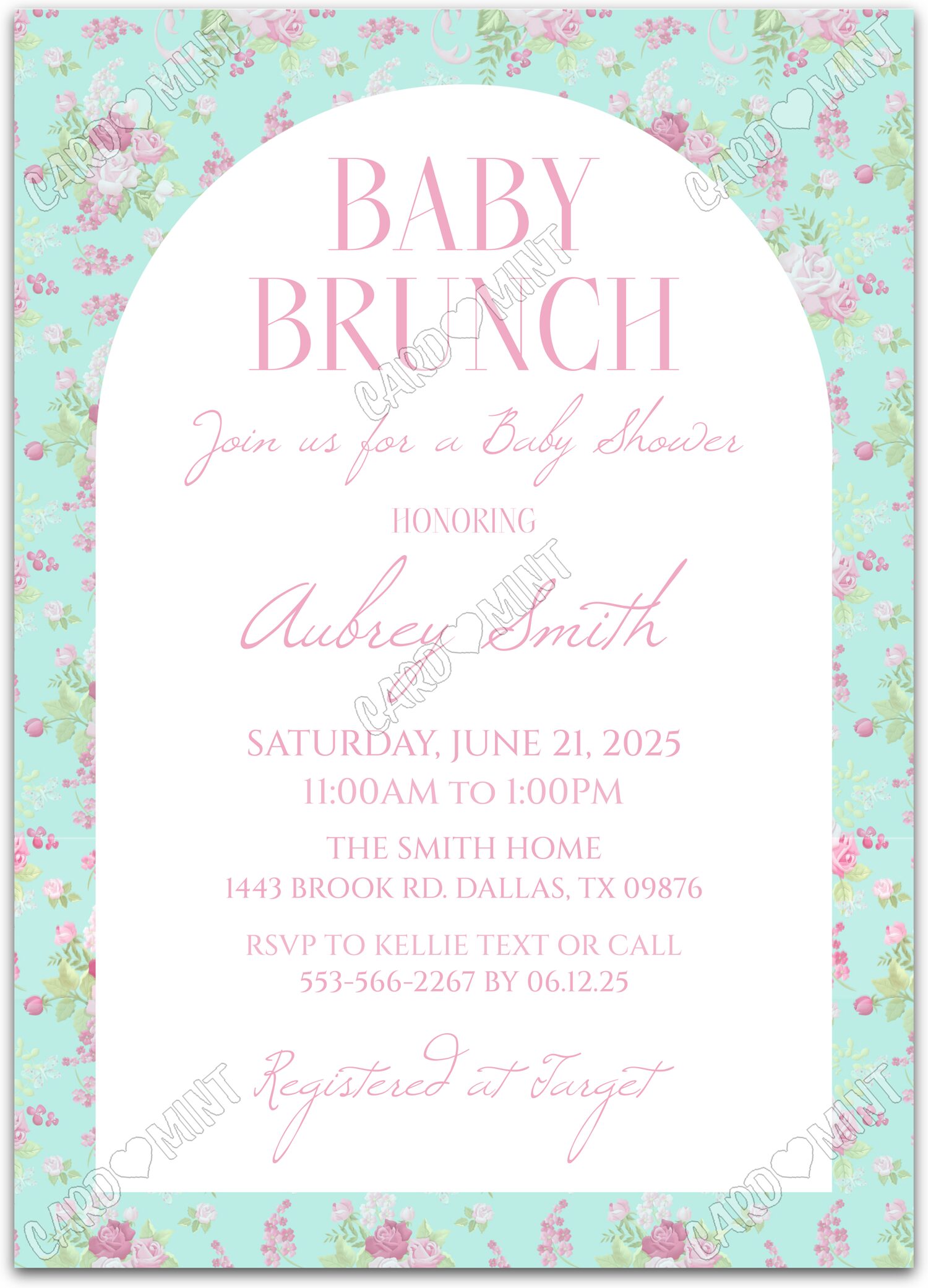 Editable Baby Brunch teal floral girl Baby Shower 5"x7" Invitation EV1801