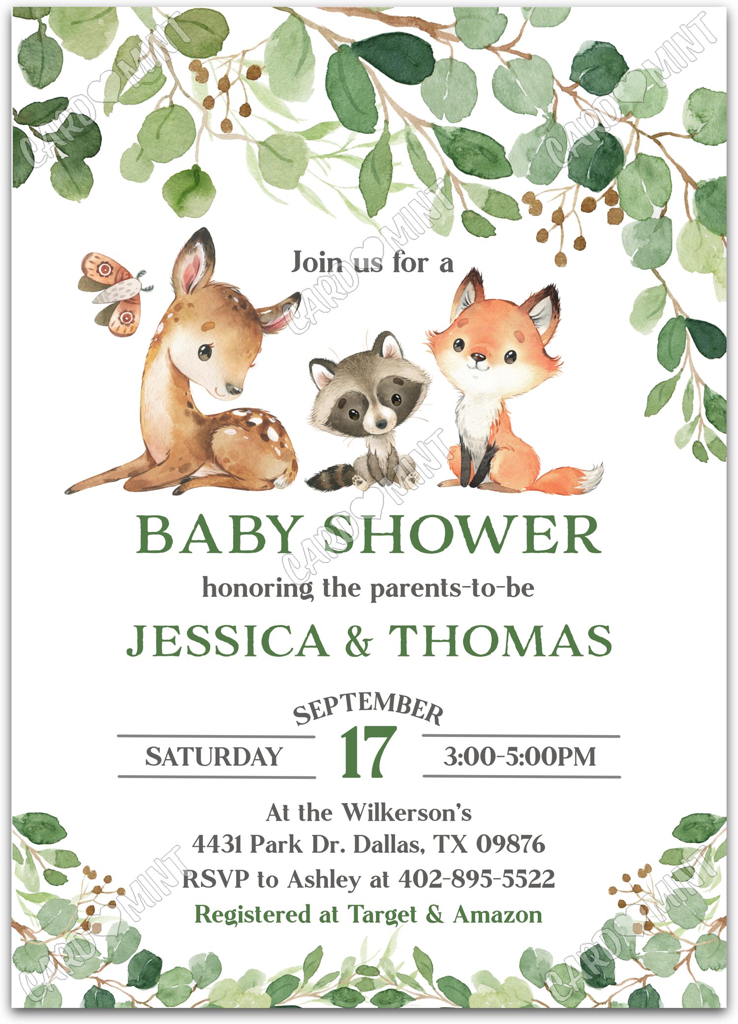 Editable Woodland white baby forest animals Baby Shower 5"x7" Invitation EV1802