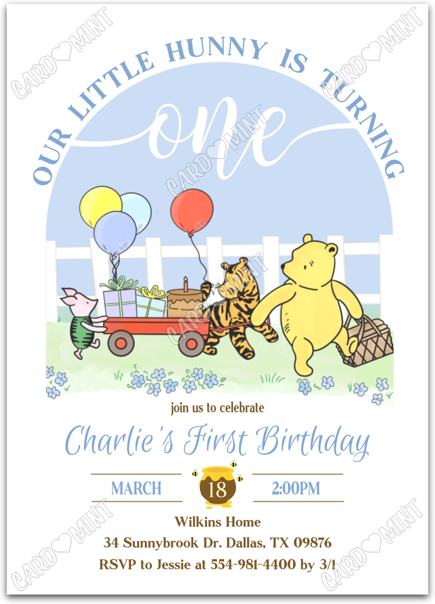 Editable Our Little Hunny white Winnie the Pooh boy First Birthday Party 5"x7" Invitation EV1803