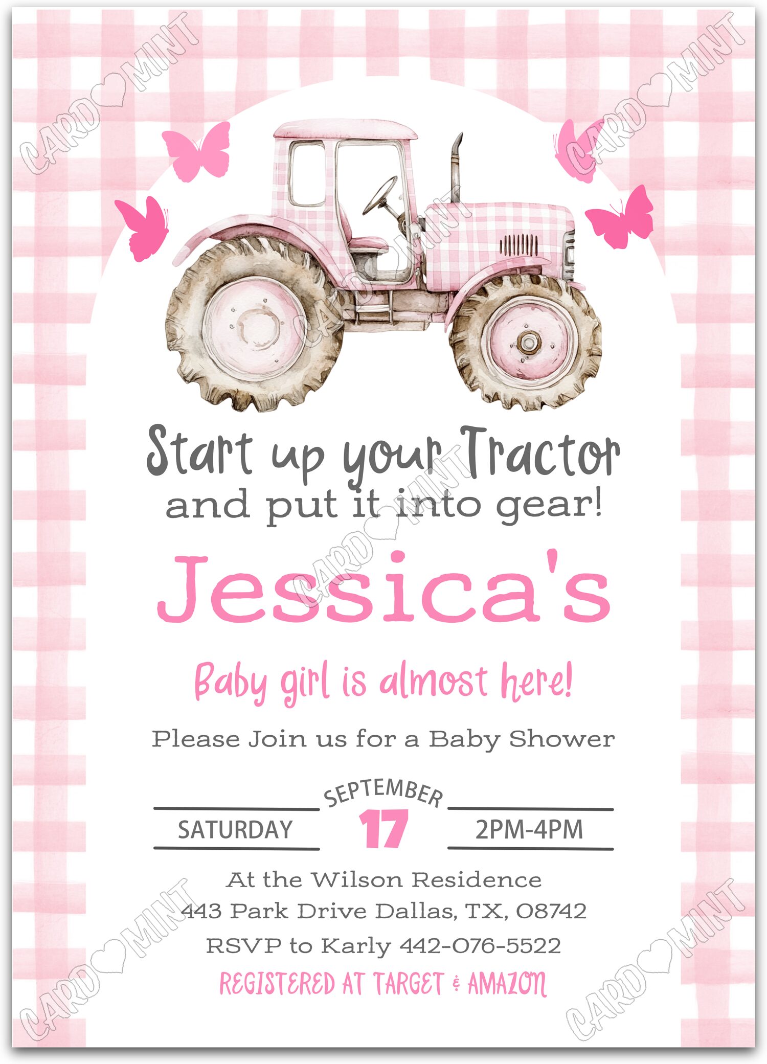 Editable Start Up Your Tractor pink butterflies & gingham pattern girl Baby Shower 5"x7" Invitation EV1807