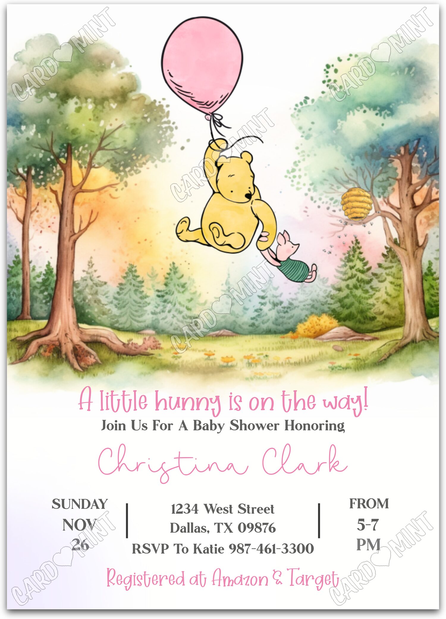 Editable A Little Hunny white Pooh and Piglet girl Baby Shower 5"x7" Invitation EV1808