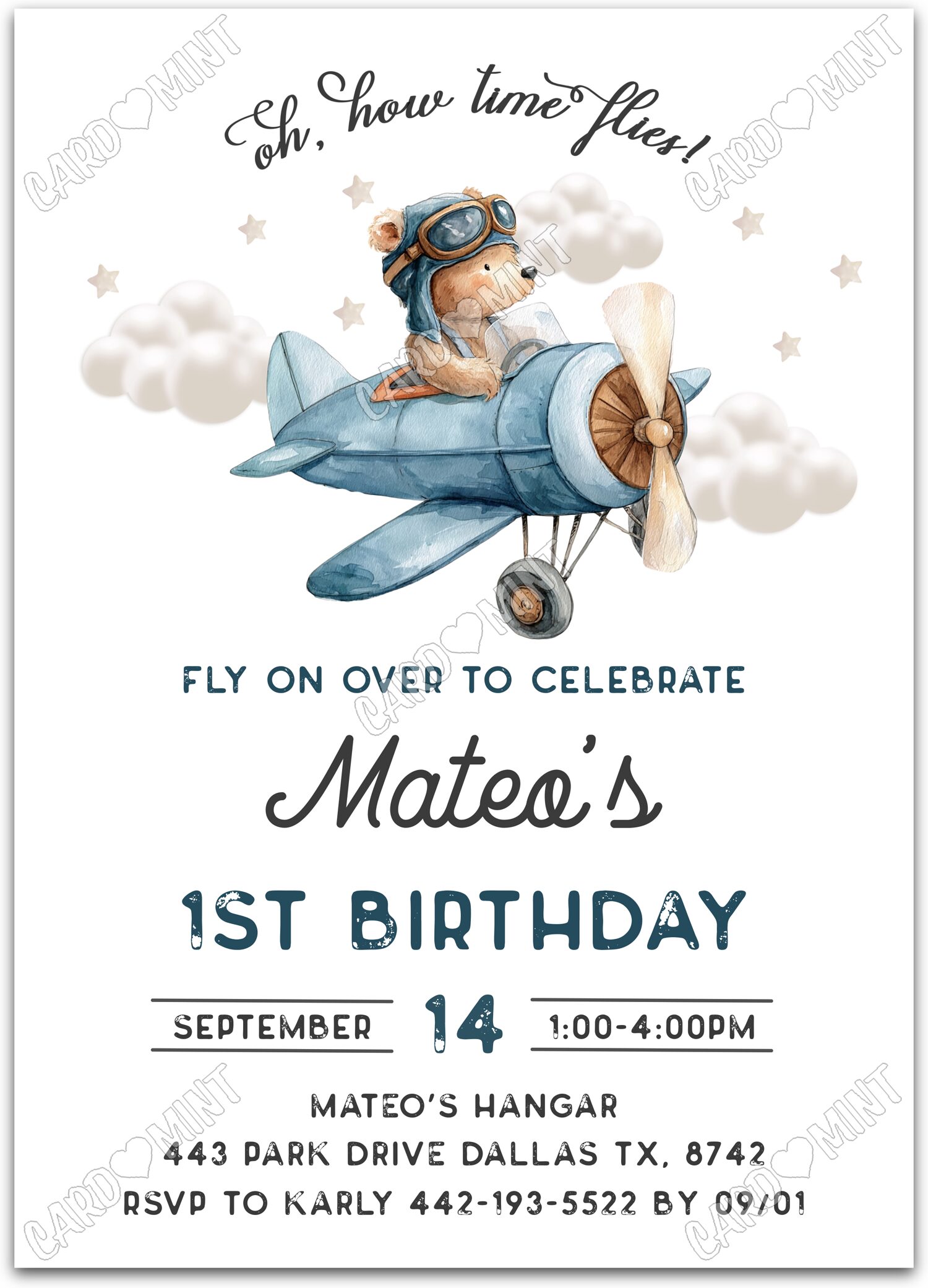 Editable Fly on Over white vintage airplane and teddy bear boy Birthday Party 5"x7" Invitation EV1811