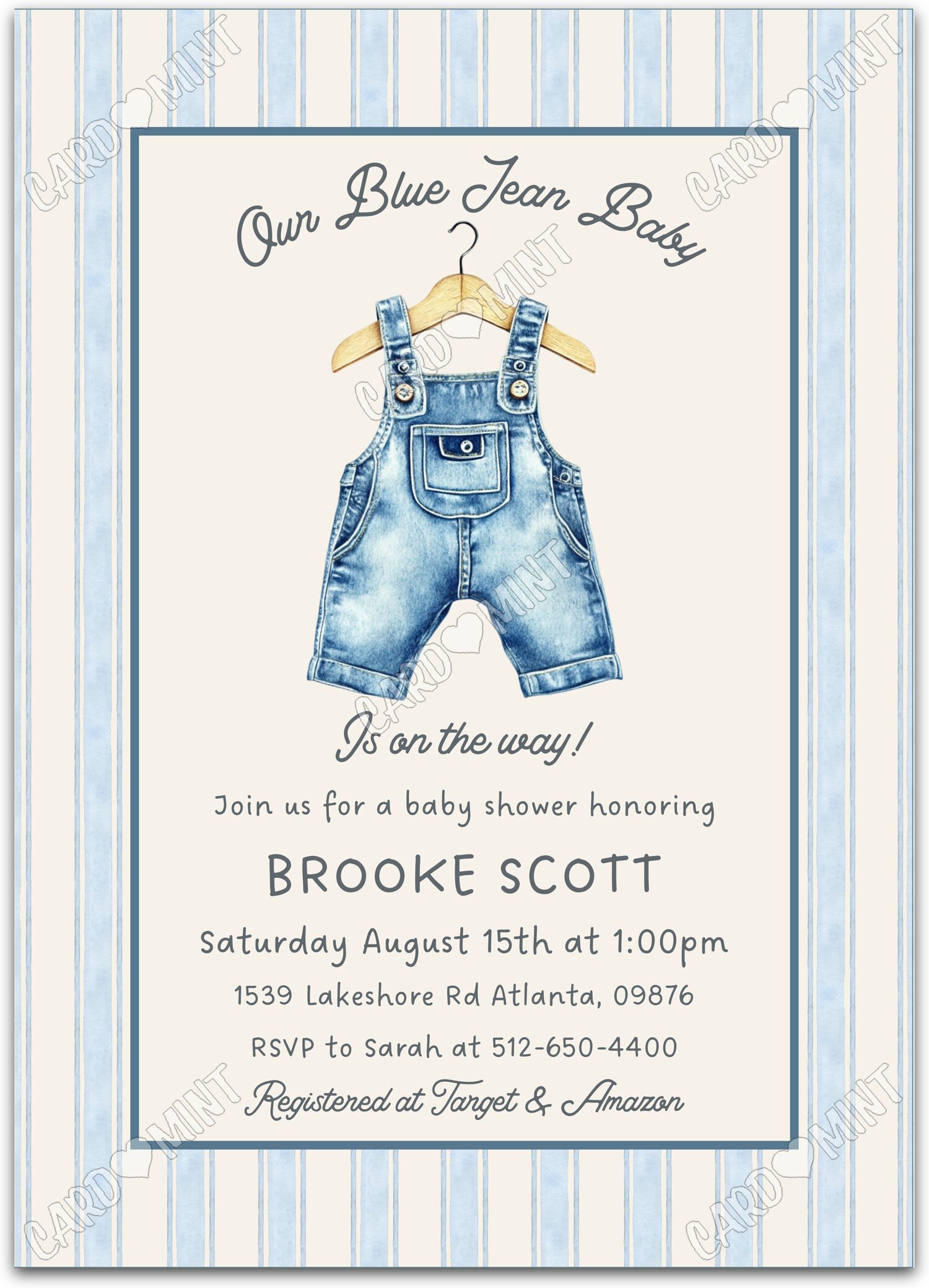 Editable Our Blue Jean Baby blue baby blue jeans & striped pattern boy Baby Shower 5"x7" Invitation EV1812