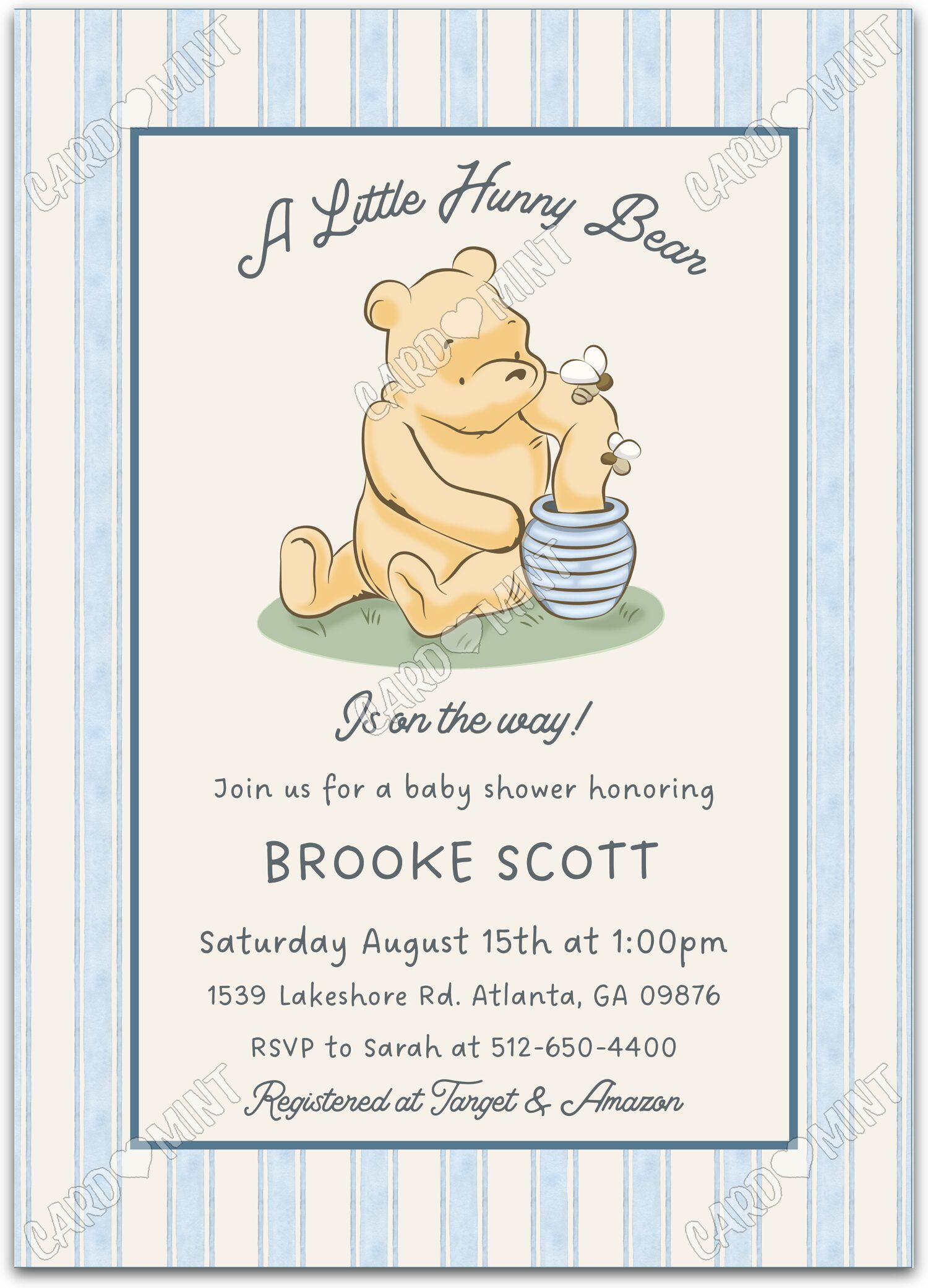 Editable A Little Hunny Bear blue Winnie the Pooh & striped pattern boy Baby Shower 5"x7" Invitation EV1813