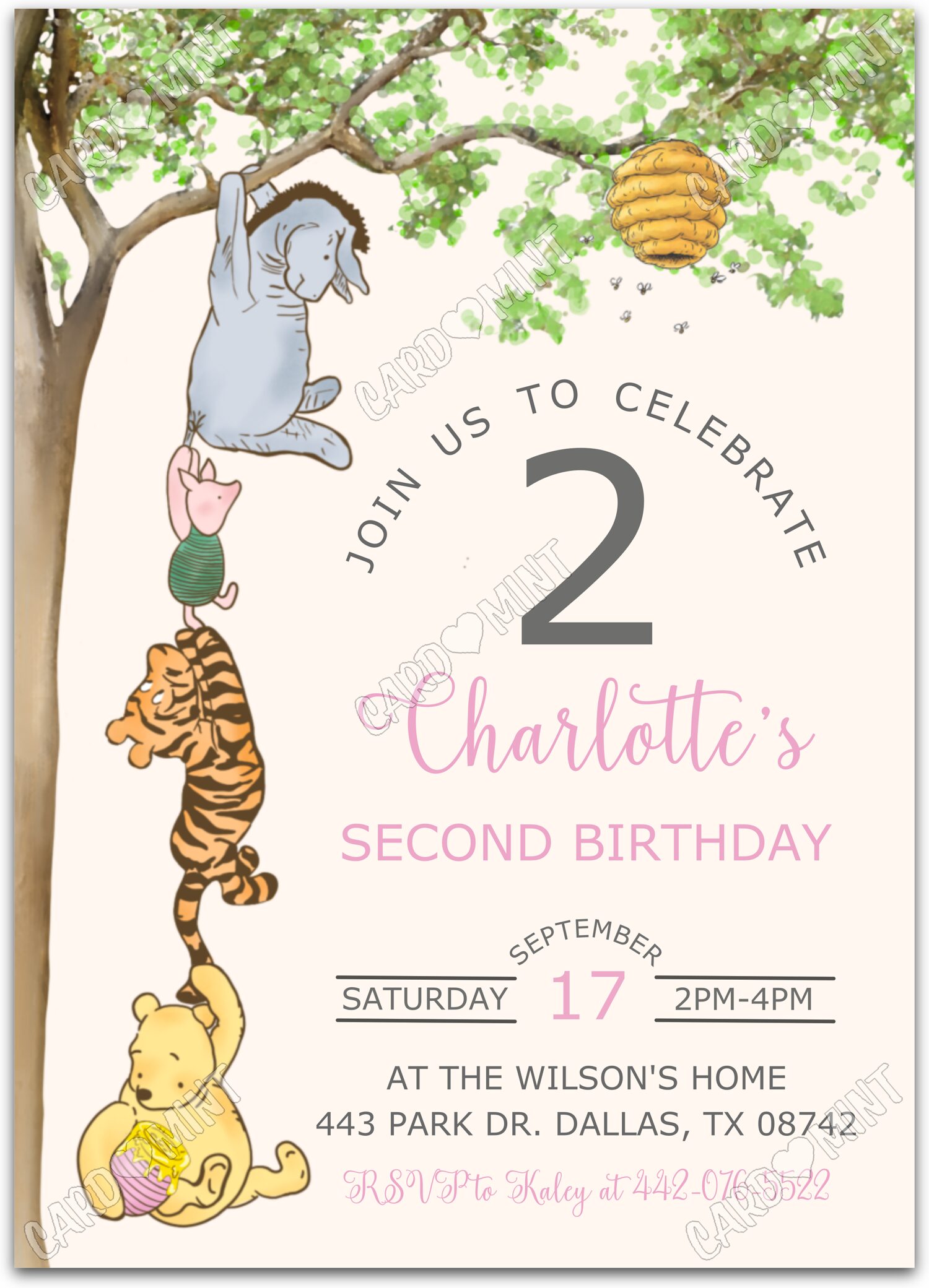 Editable Winnie & Friends peach pink hunnypot girl Birthday Party 5"x7" Invitation EV1814