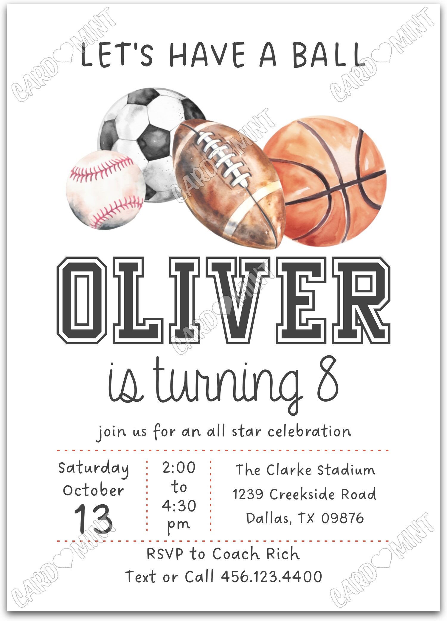 Editable Let's Have a Ball white sports balls boy Birthday Party 5"x7" Invitation EV1816