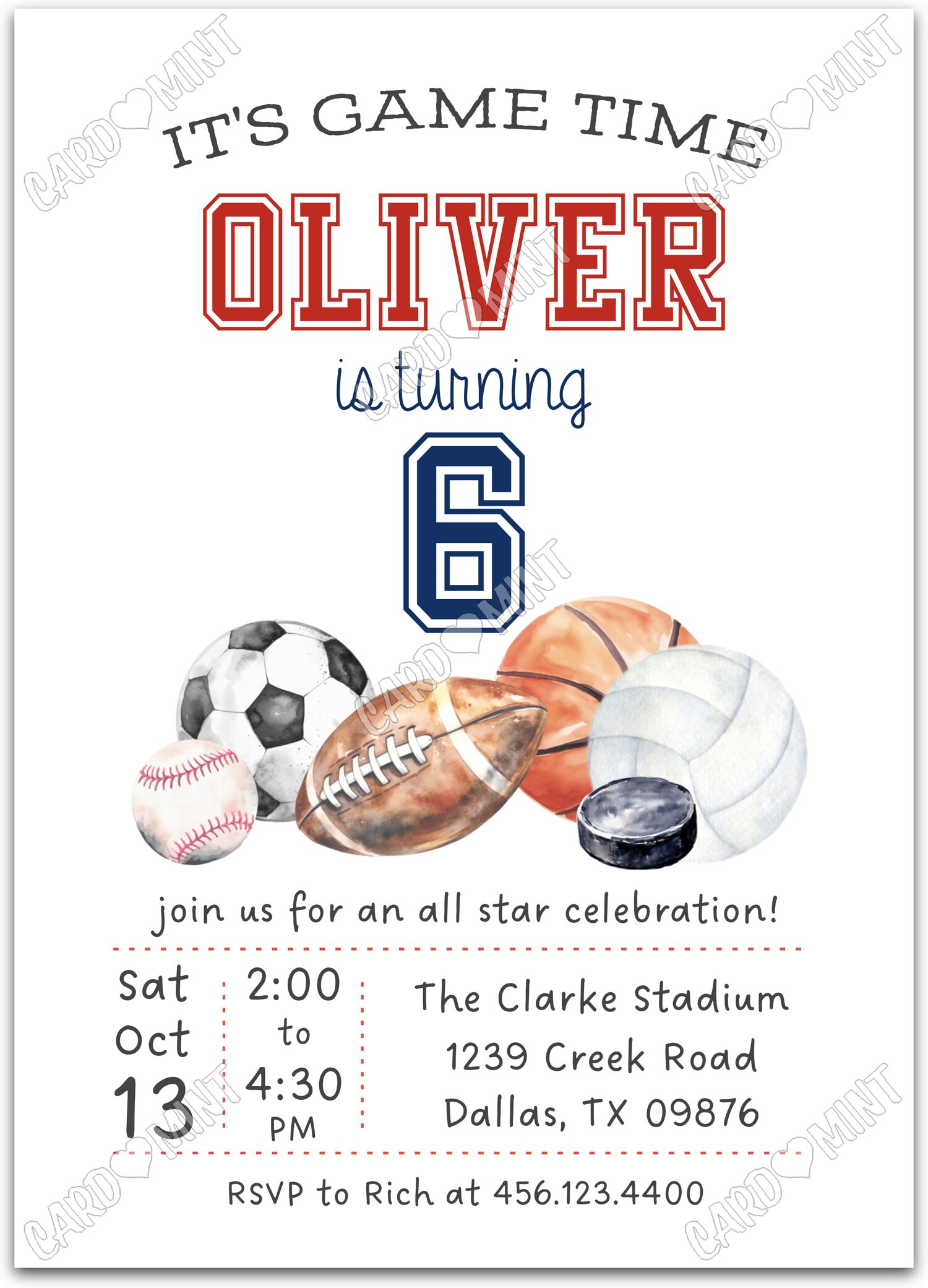 Editable It's Game Time white sports balls boy Birthday Party 5"x7" Invitation EV1817