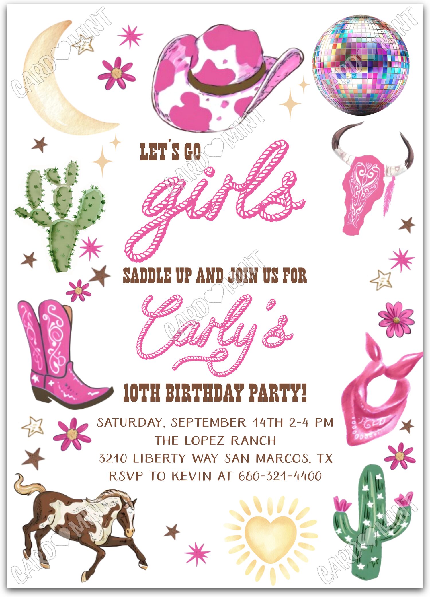Editable Let's Go Girls white cowgirl attire girl Birthday Party 5"x7" Invitation EV1818