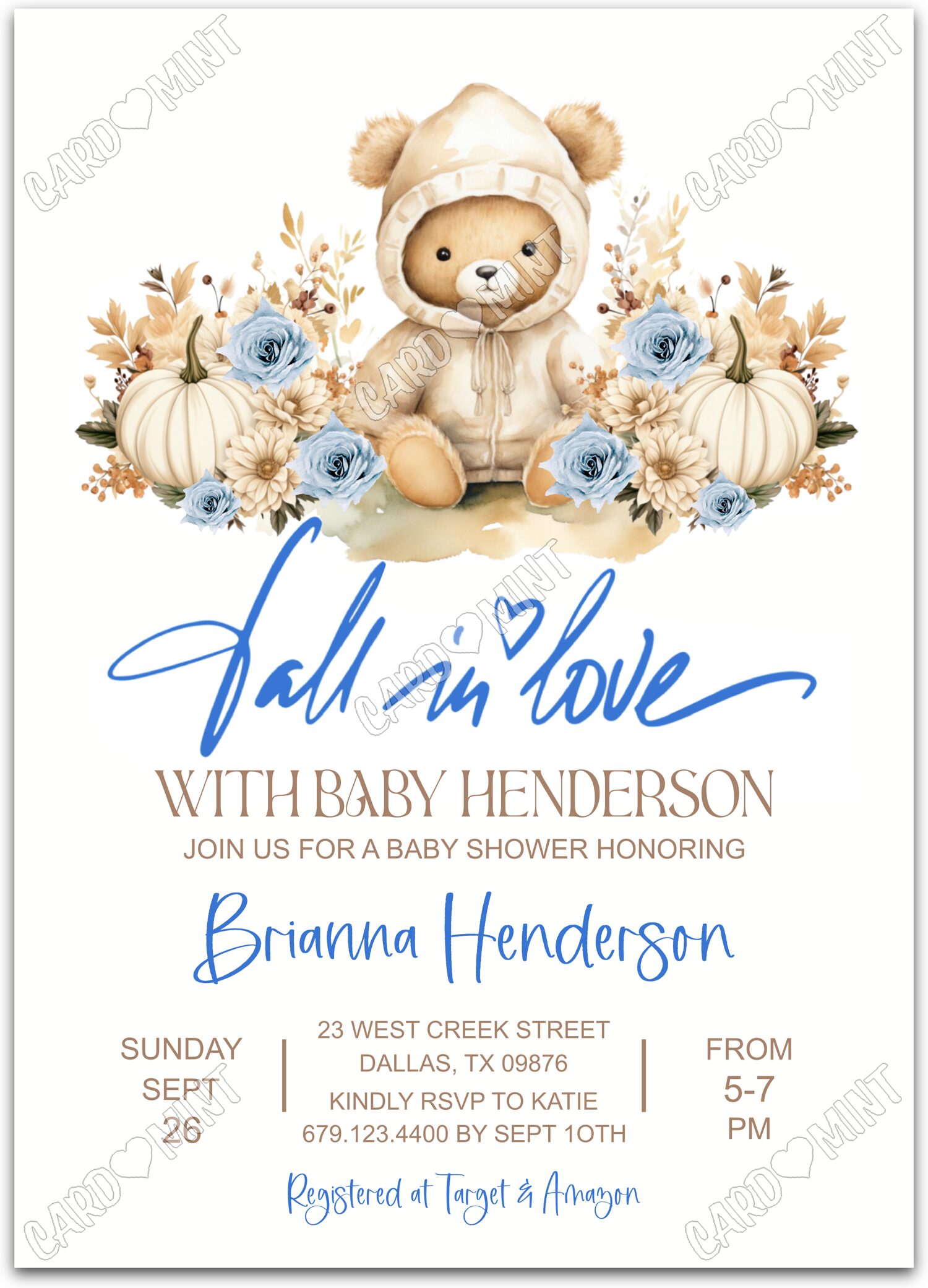 Editable Fall in Love white baby bear & white pumpkins boy fall Baby Shower 5"x7" Invitation EV1819