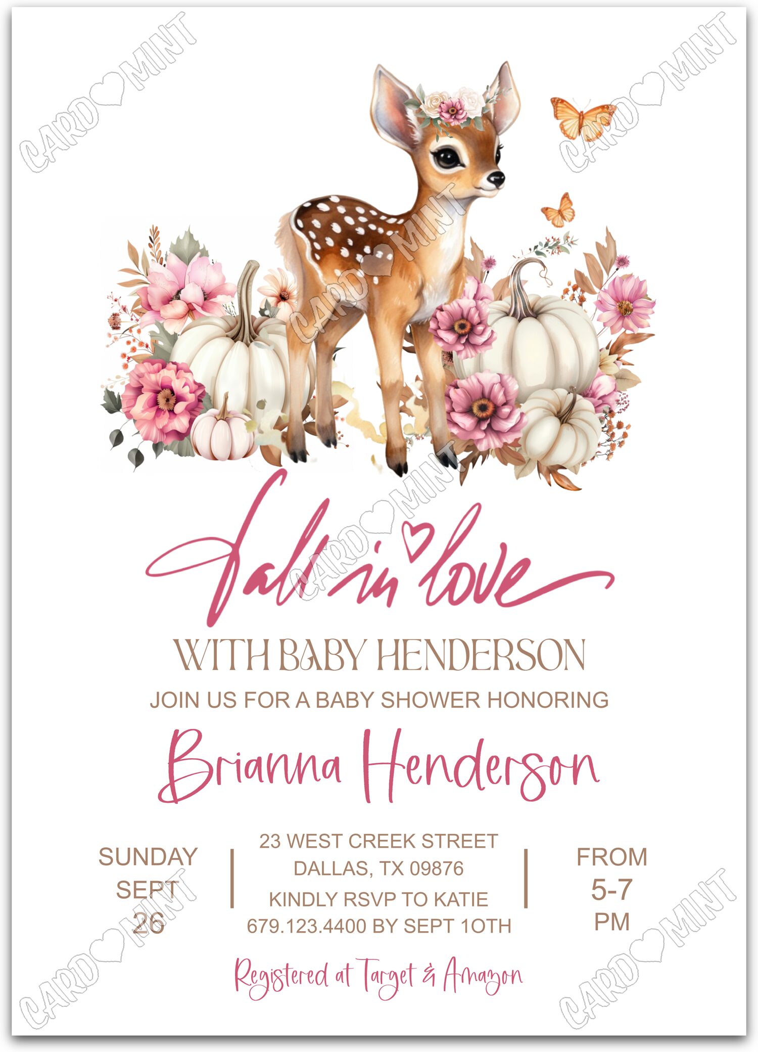Editable Fall in Love white baby bear & white pumpkins girl fall Baby Shower 5"x7" Invitation EV1820