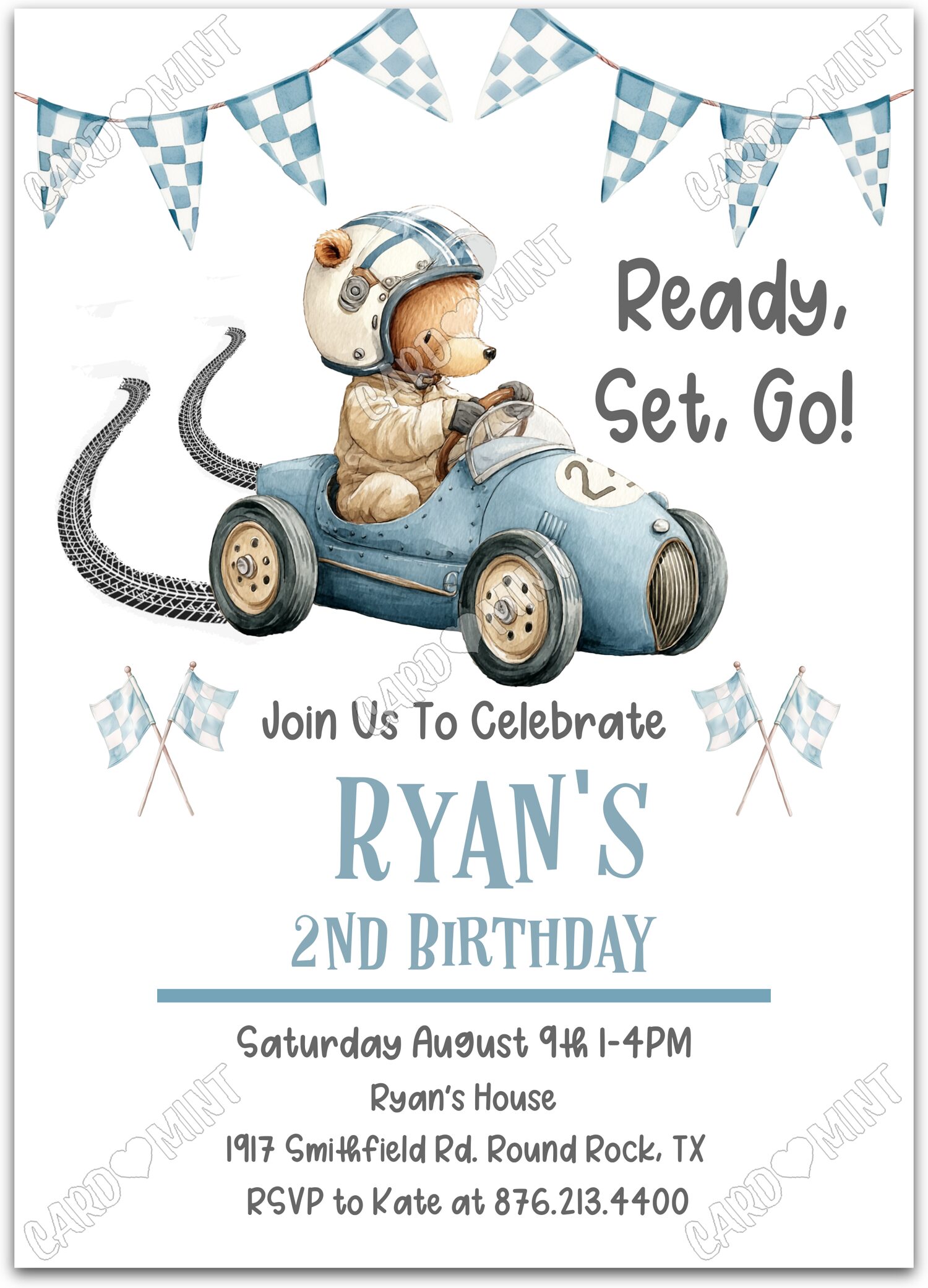 Editable Ready, Set, Go white teddy bear boy Birthday Party 5"x7" Invitation EV1822