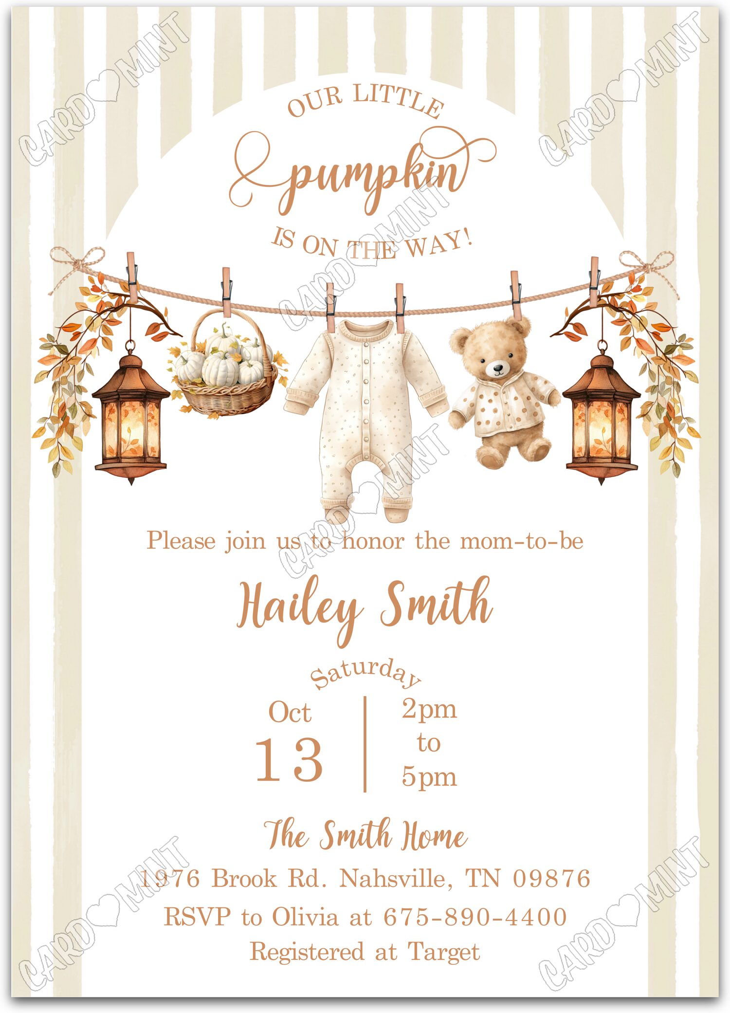 Editable Our Little Pumpkin beige fall clothesline & striped pattern Baby Shower 5"x7" Invitation EV1823