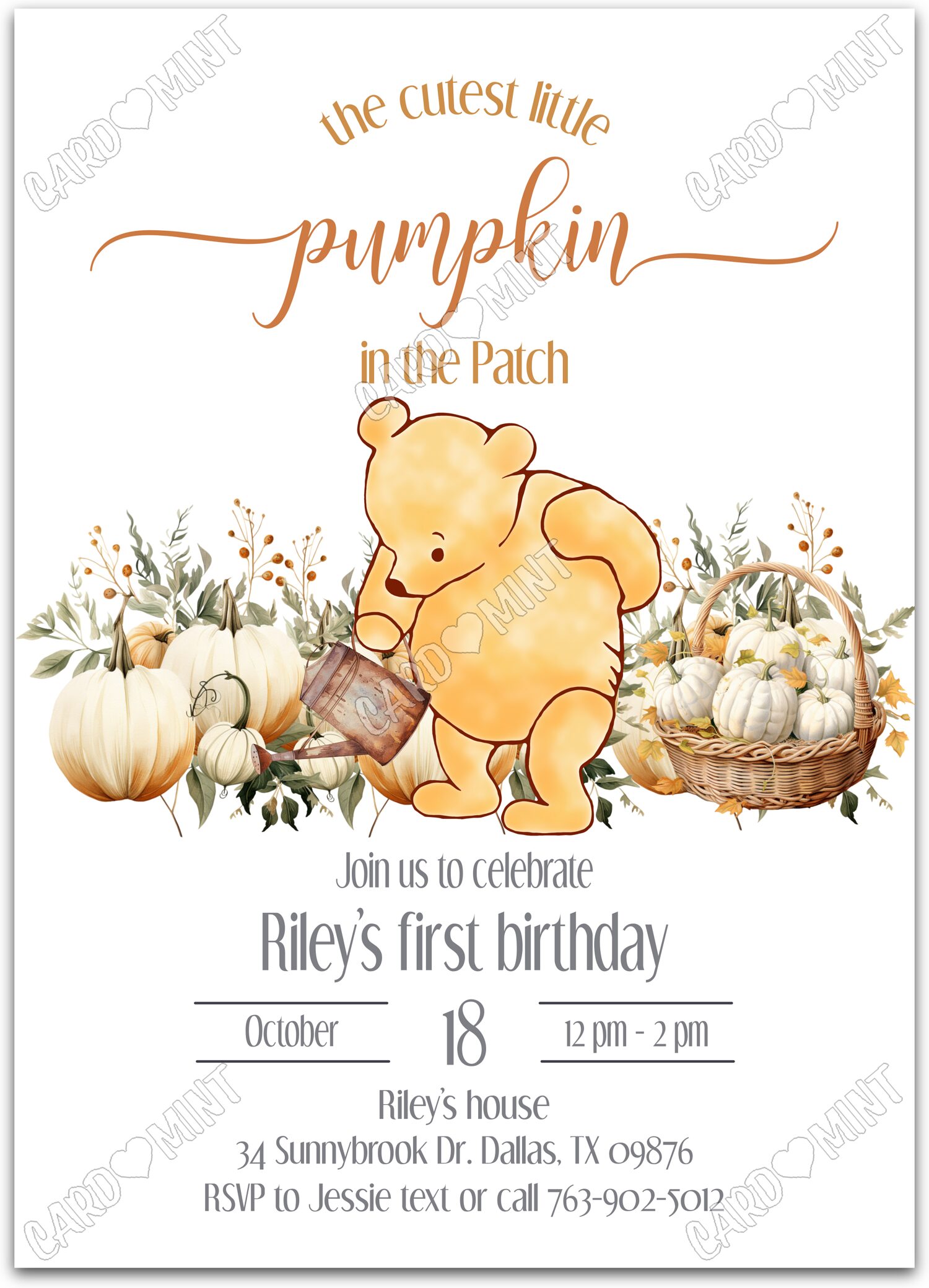 Editable Cutest Little Pumpkin white Winnie the Pooh boy Birthday Party 5"x7" Invitation EV1824