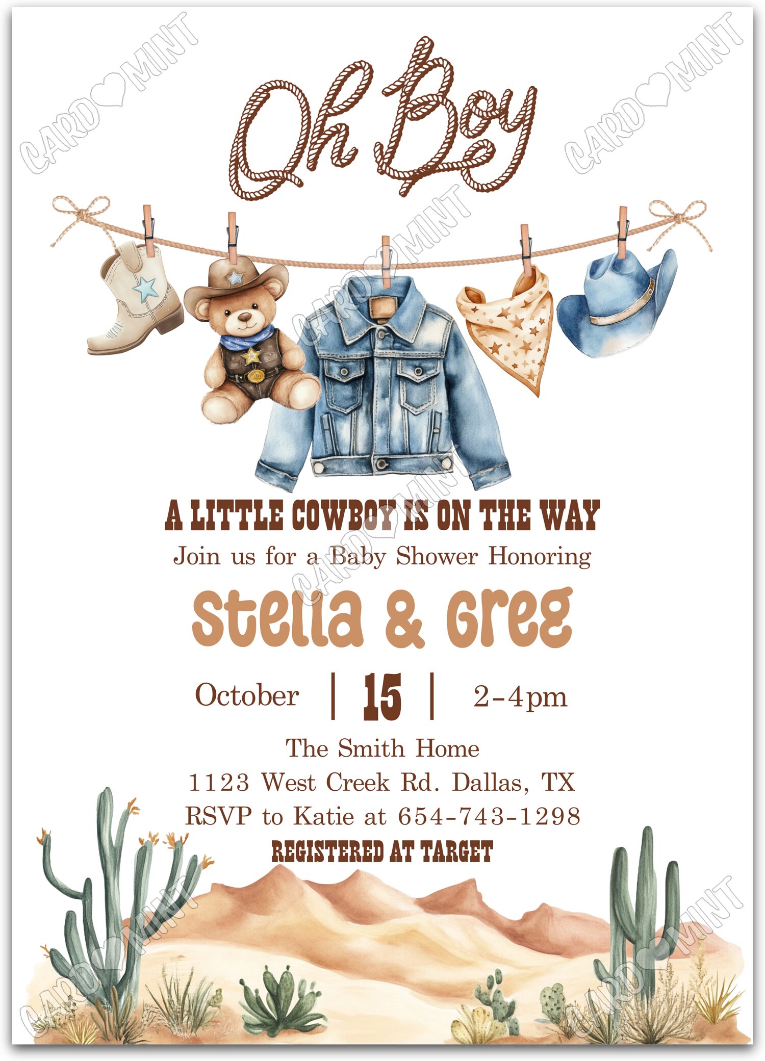 Editable A Little Cowboy white cowboy attire boy Baby Shower 5"x7" Invitation EV1826