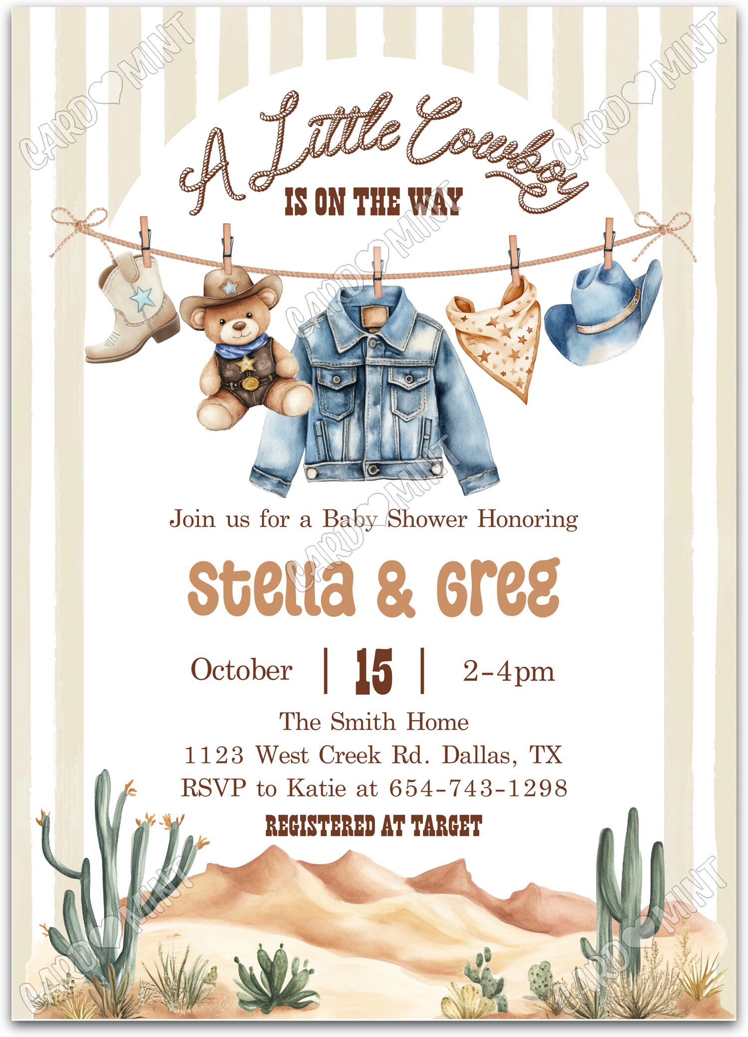 Editable A Little Cowboy beige cowboy attire & striped pattern boy Baby Shower 5"x7" Invitation EV1827