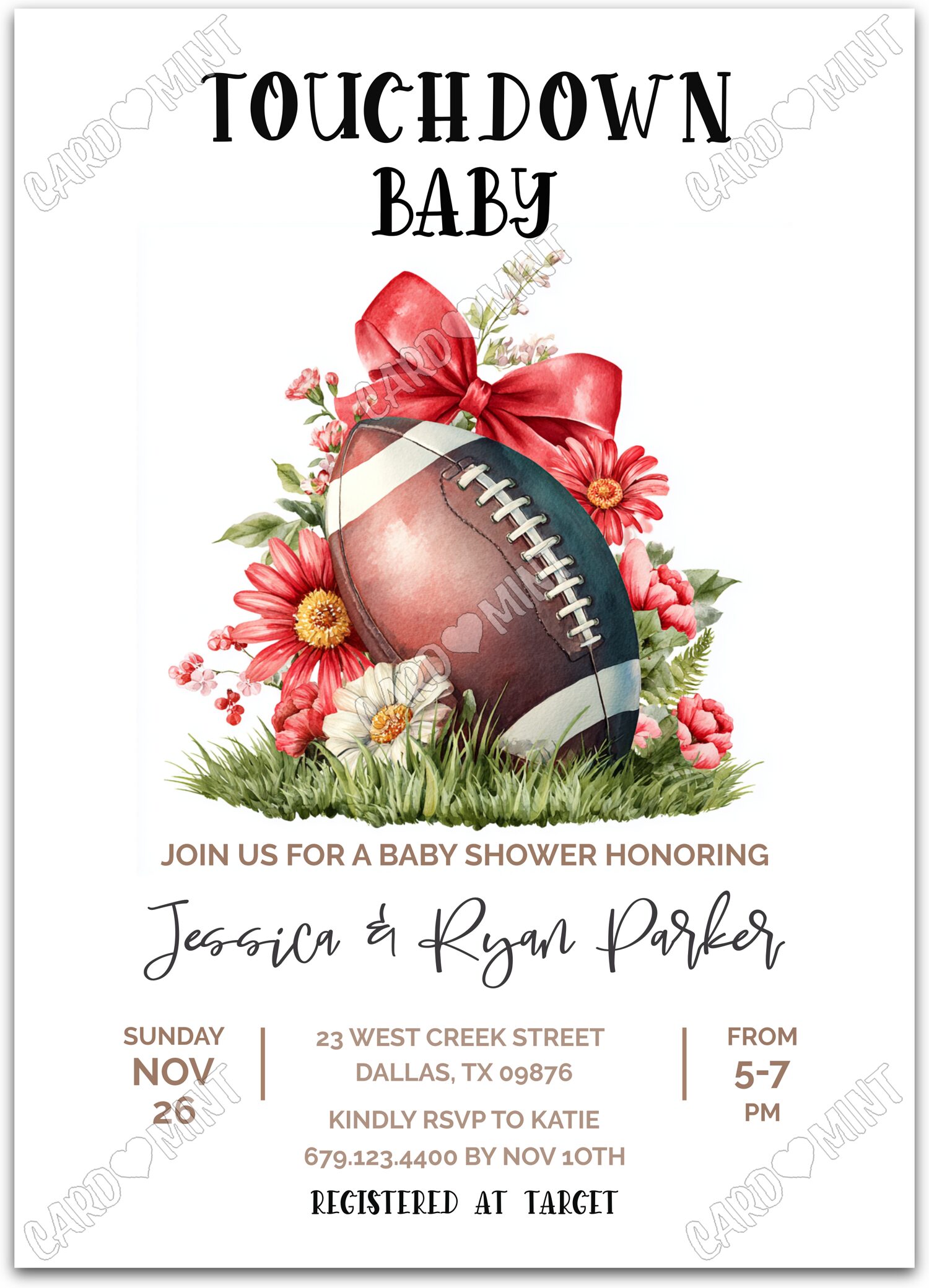 Editable Touchdown Baby white football & red bow & striped pattern Baby Shower 5"x7" Invitation EV1828
