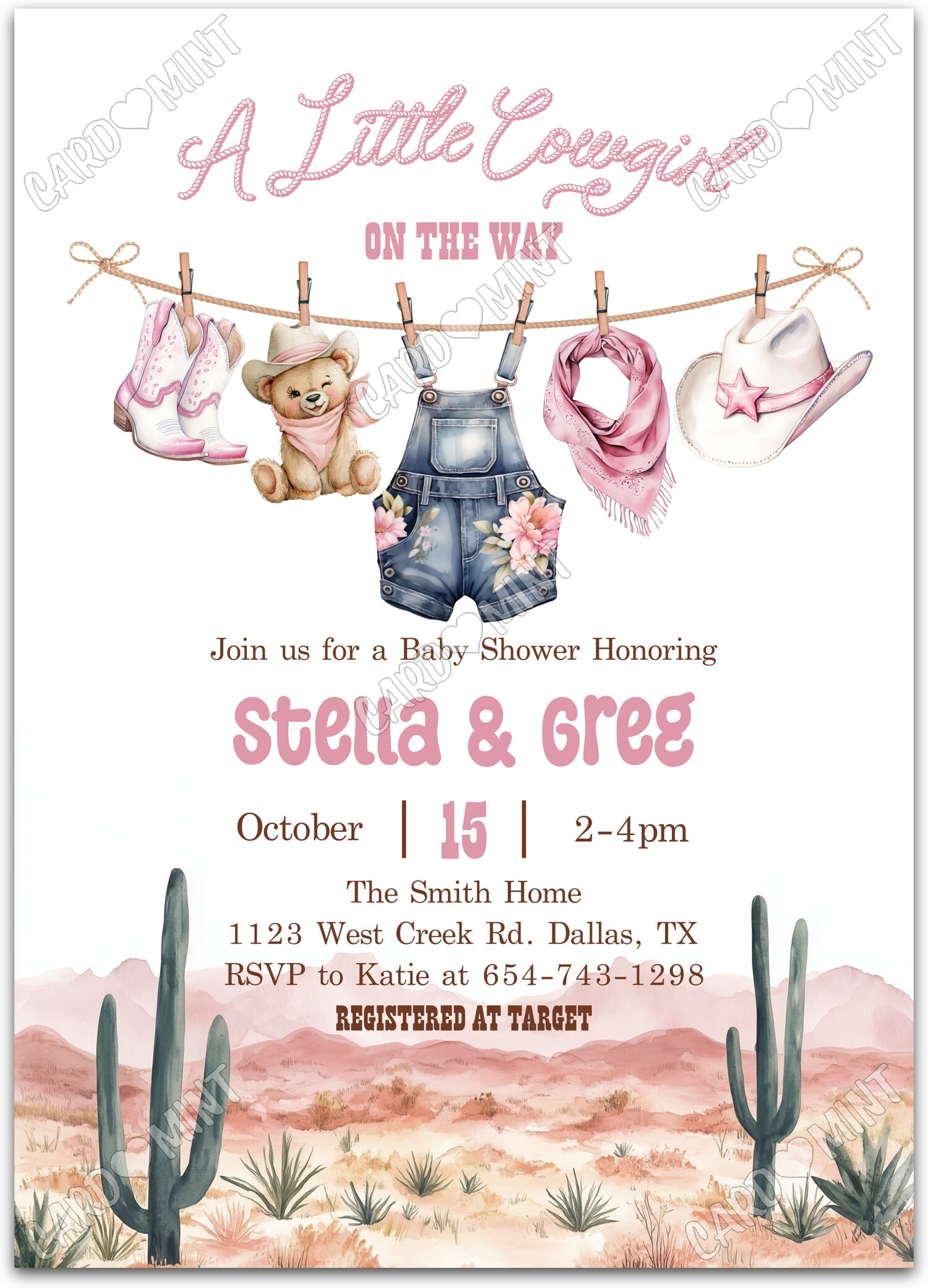 Editable A Little Cowgirl white cowgirl attire girl Baby Shower 5"x7" Invitation EV1829