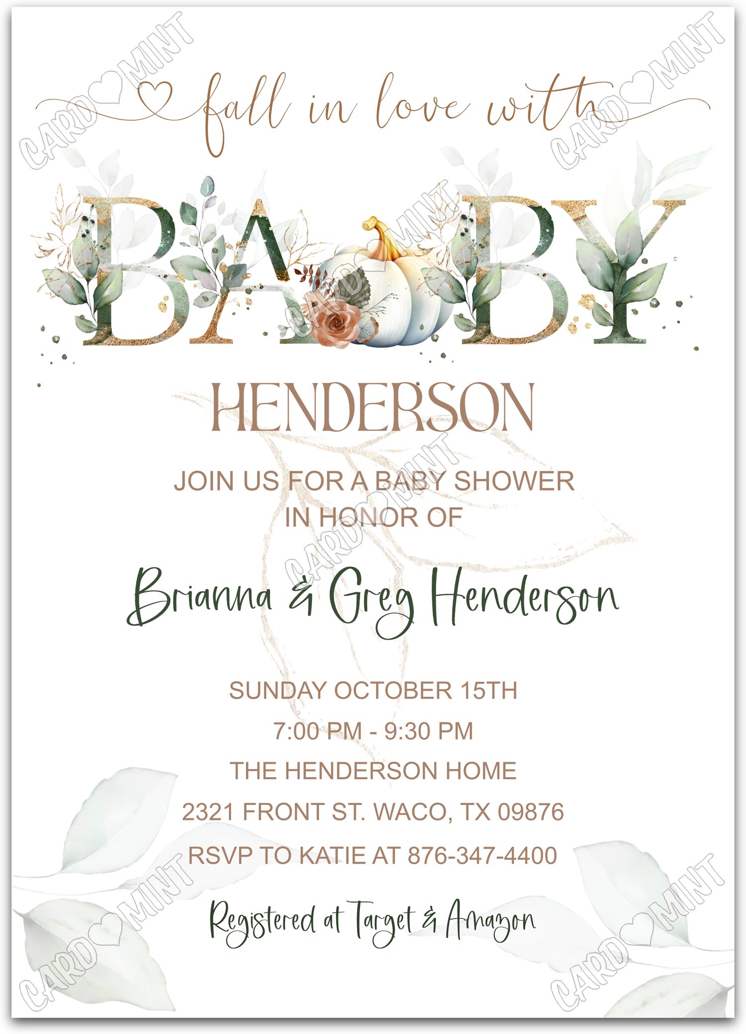 Editable Fall in Love white white pumpkin fall Baby Shower 5"x7" Invitation EV1830