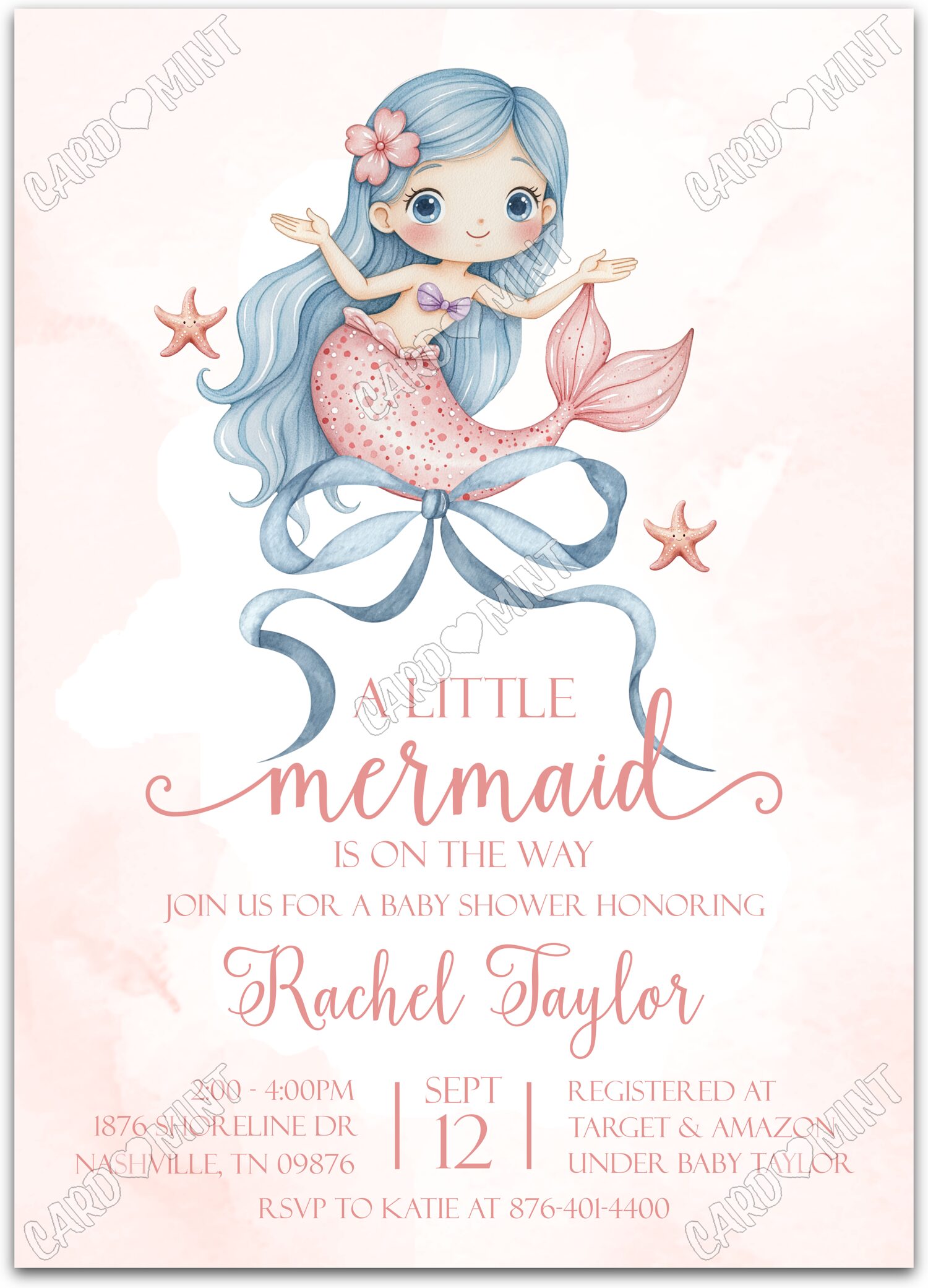 Editable A Little Mermaid coral cute mermaid girl Baby Shower 5"x7" Invitation EV1833