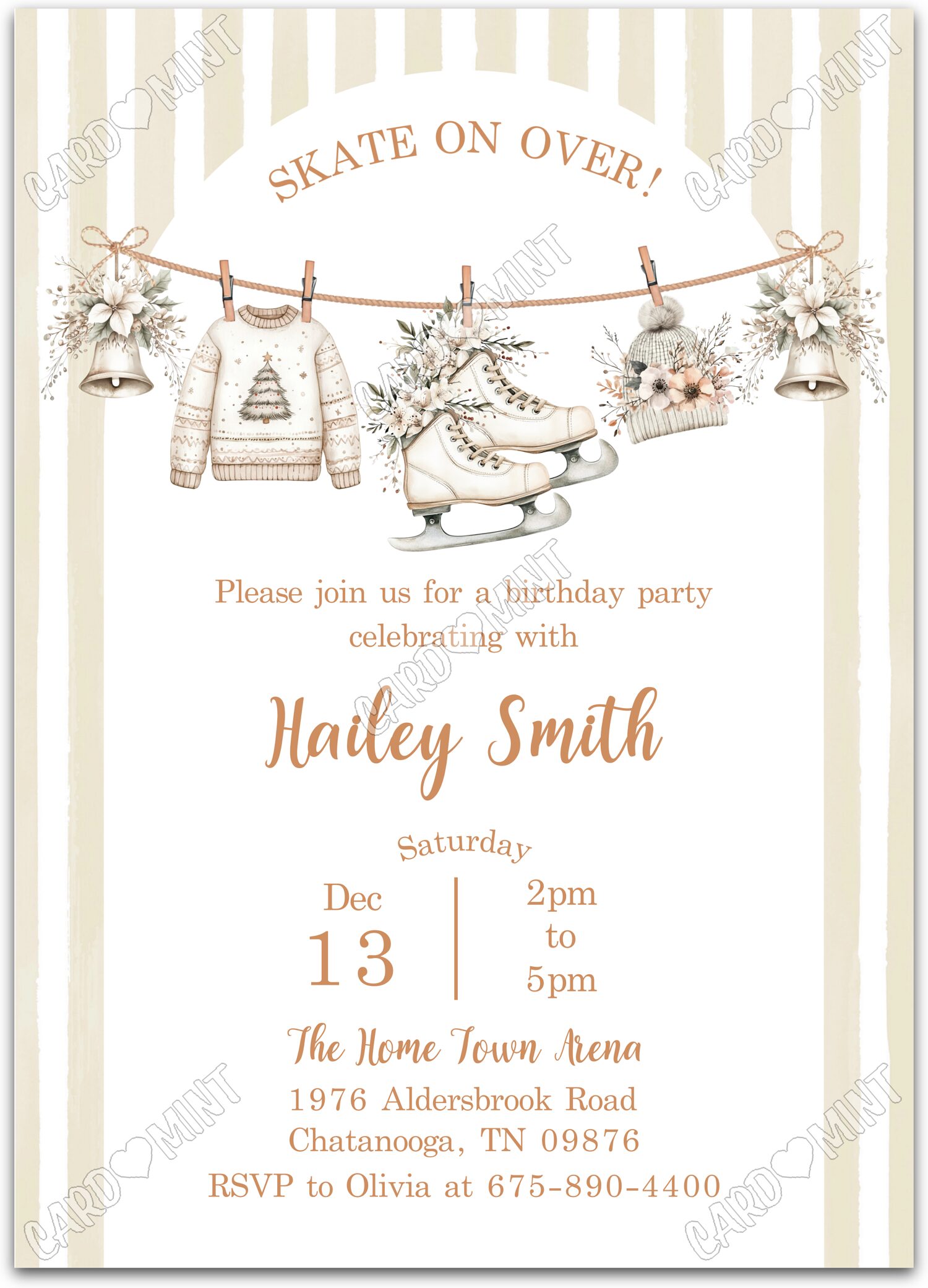 Editable Winter Skating tan skating attire & striped pattern girl Birthday Party 5"x7" Invitation EV1834