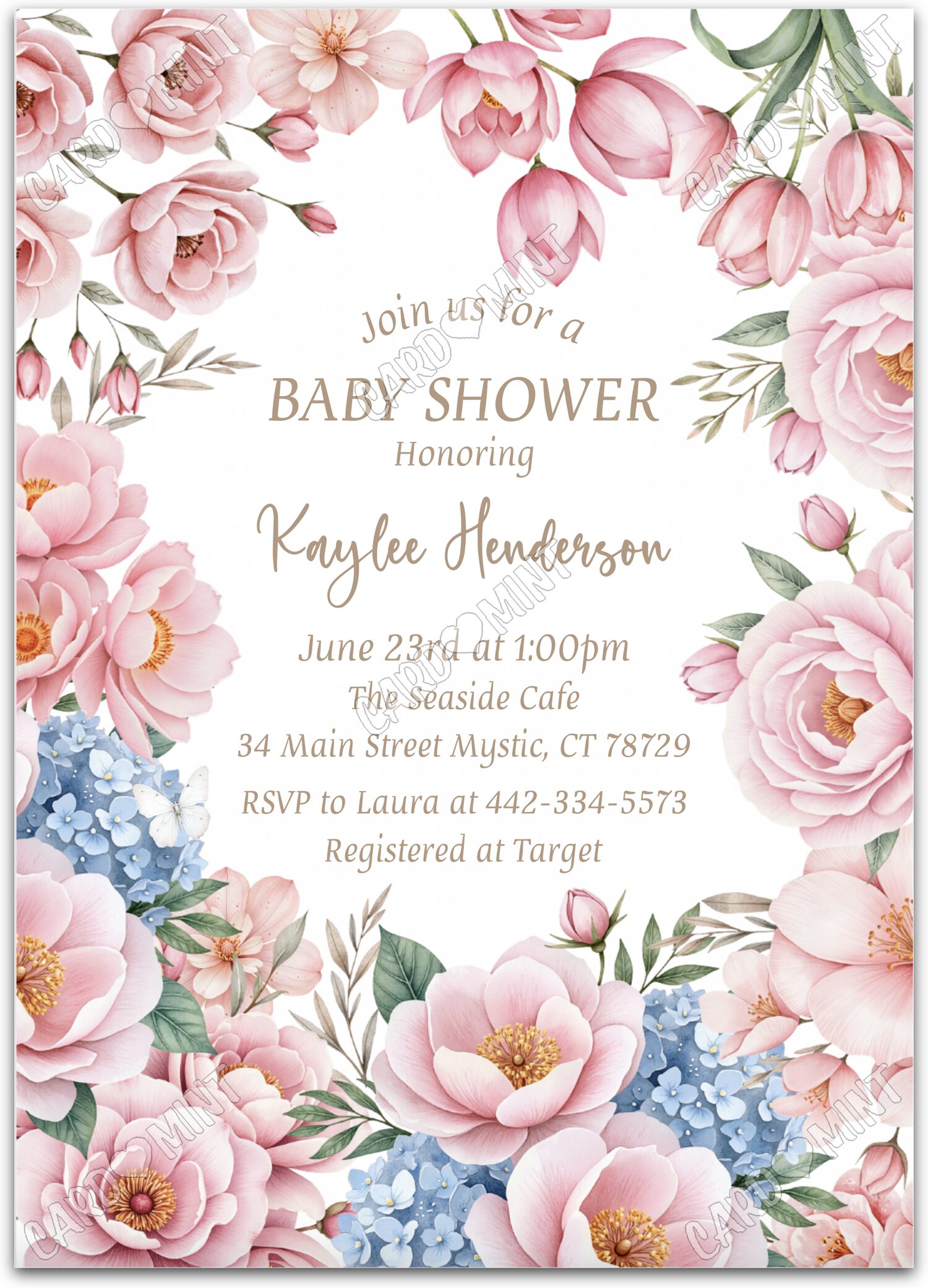 Editable Pink Roses pink blooming roses & floral pattern girl Baby Shower 5"x7" Invitation EV1836