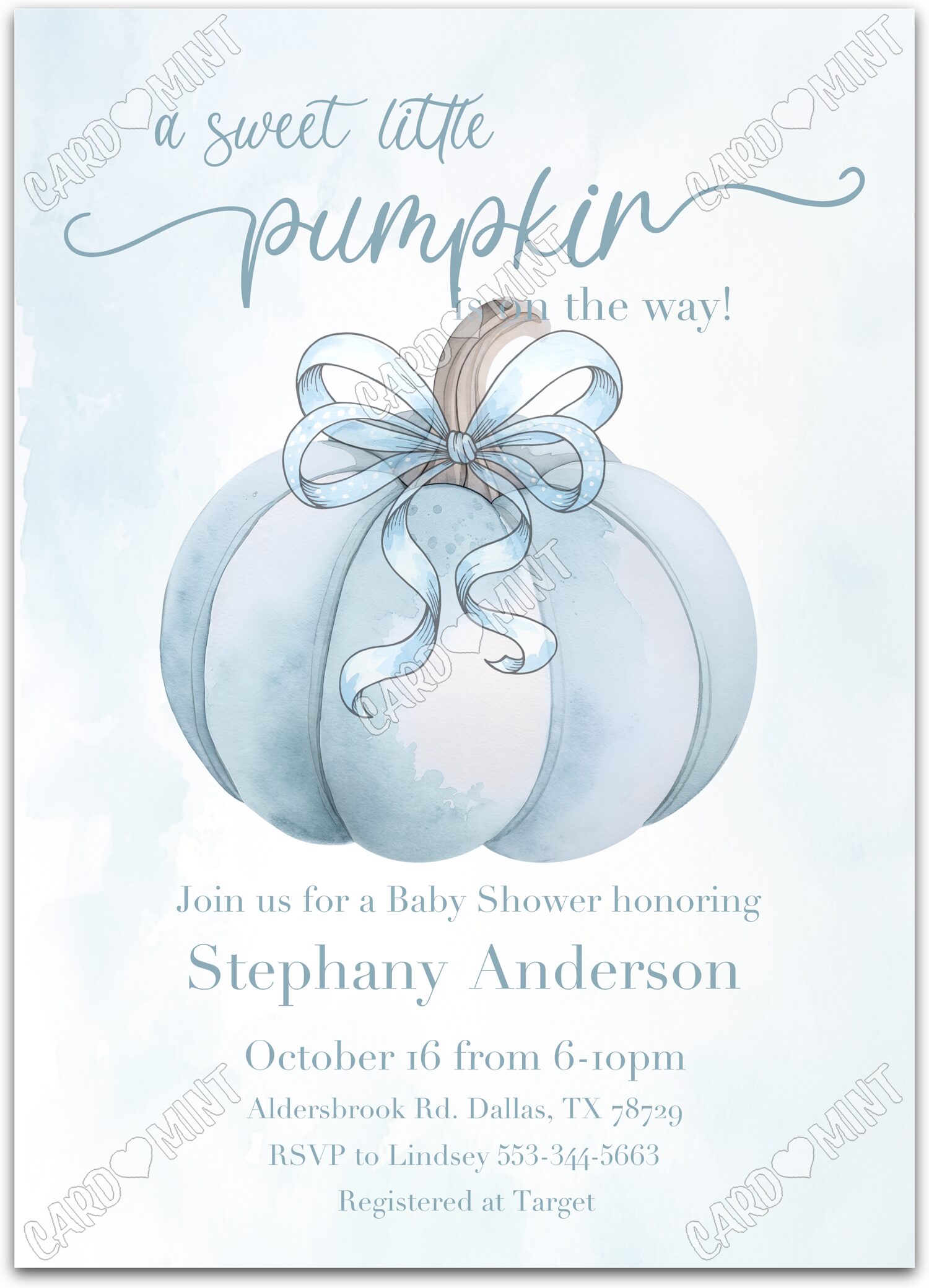 Editable Sweet Little Pumpkin blue blue pumpkin & bow boy fall Baby Shower 5"x7" Invitation EV1838