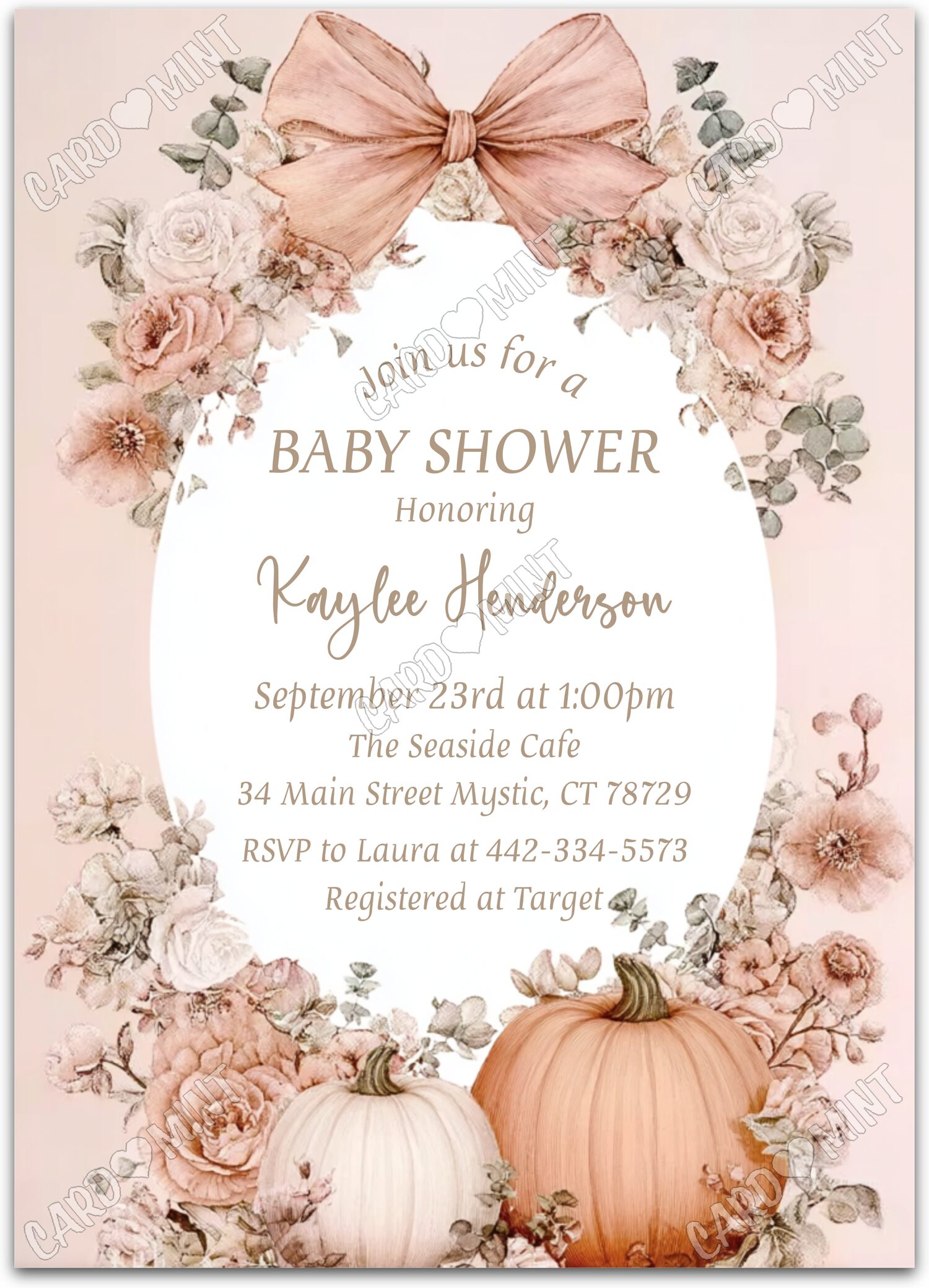 Editable Peach Roses peach bow & pumpkins & floral pattern girl Baby Shower 5"x7" Invitation EV1839