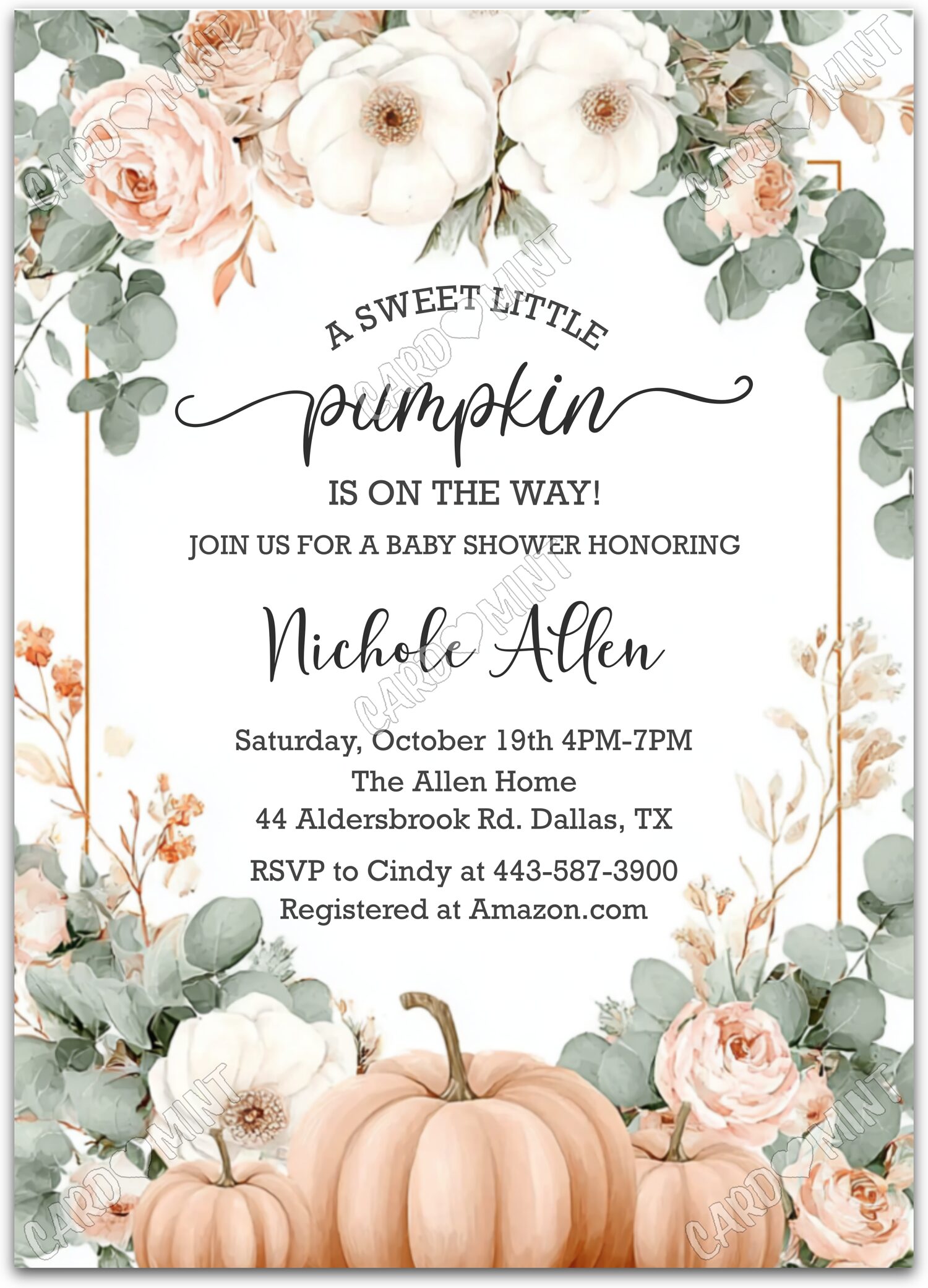 Editable Sweet Little Pumpkin white roses & pumpkins & floral pattern fall Baby Shower 5"x7" Invitation EV1840