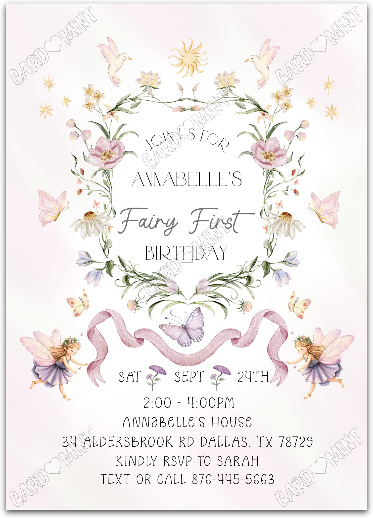 Editable Fairy First Birthday lavender fairies & butterflies & floral pattern girl First Birthday Party 5"x7" Invitation EV1841