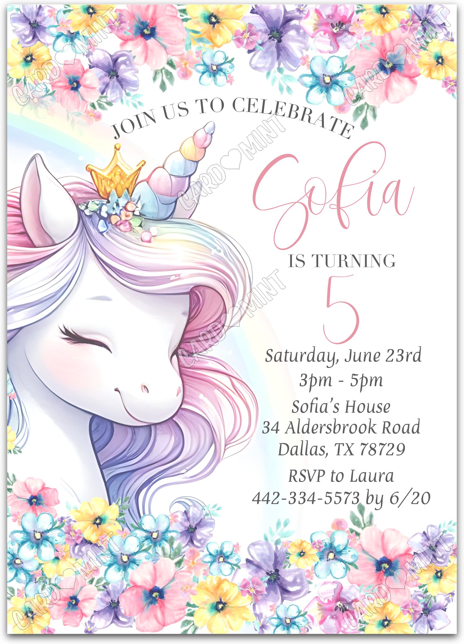 Editable Rainbow Unicorn colorful unicorn & wildflowers girl Birthday Party 5"x7" Invitation EV1842