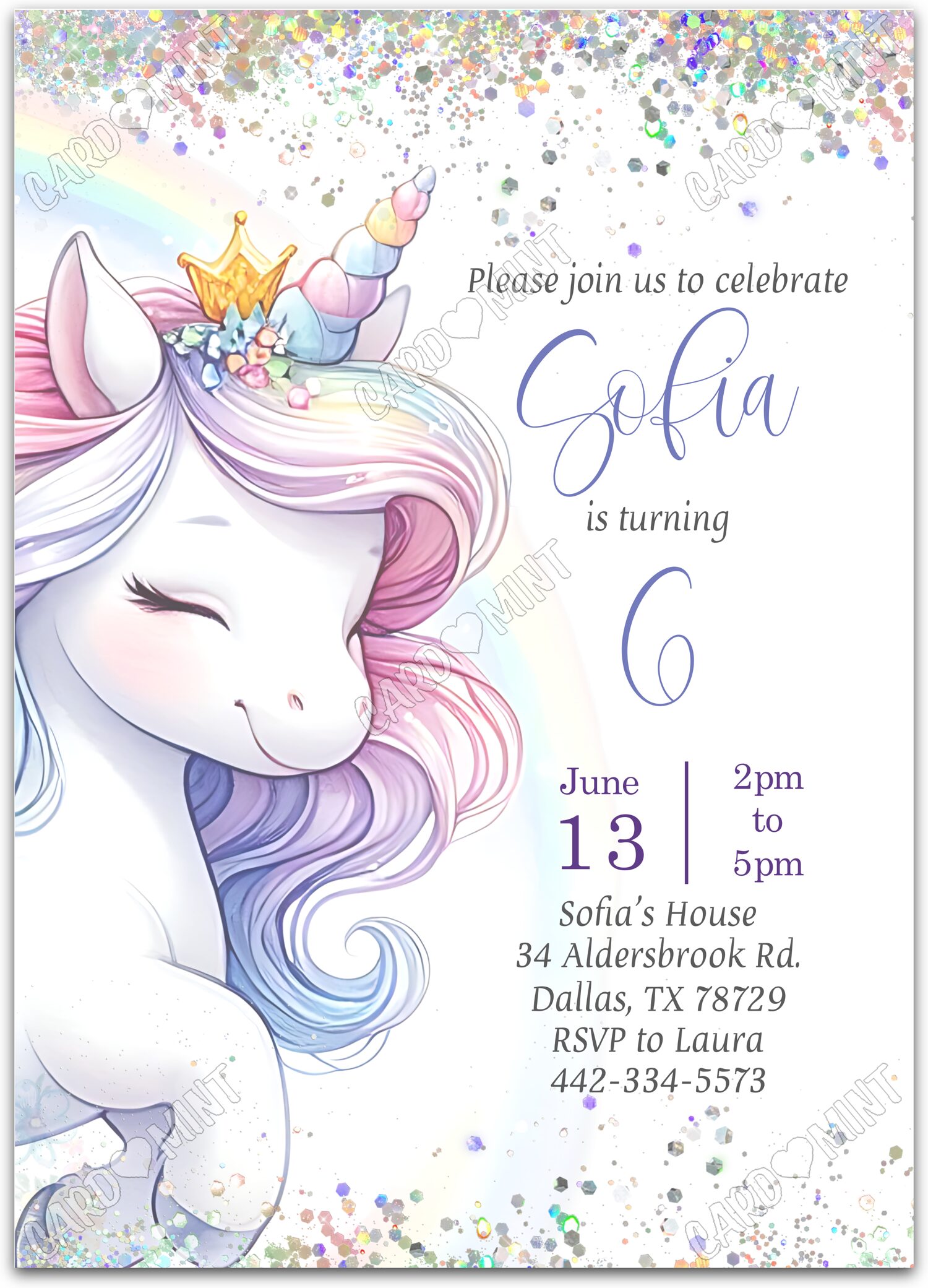 Editable Sparkle Unicorn colorful unicorn & sparkles girl Birthday Party 5"x7" Invitation EV1843