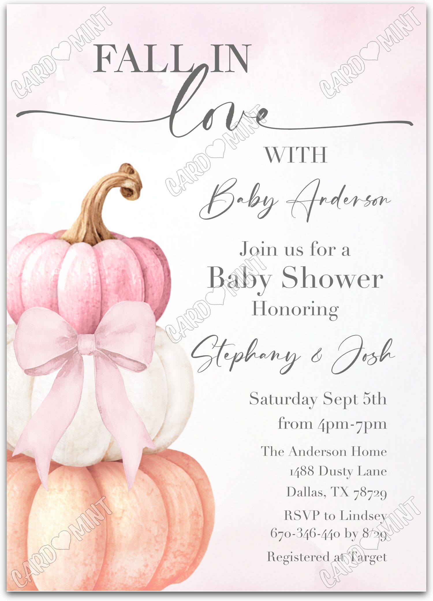 Editable Fall in Love pink colorful pumpkins girl fall Baby Shower 5"x7" Invitation EV1844
